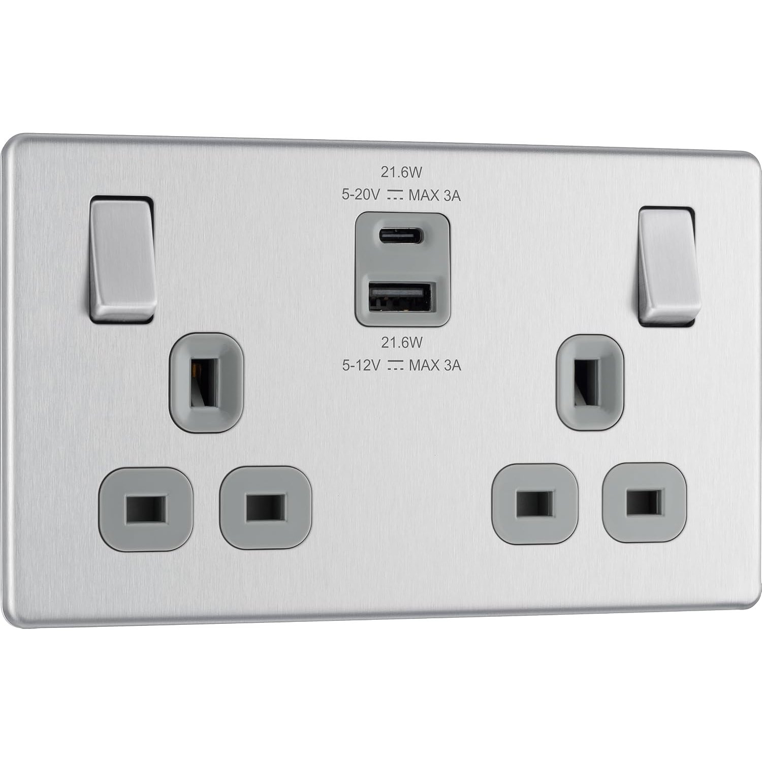 BG Electrical 22W Double Switched Power Wall Plug Socket with Fast Charge Type A and C USB Ports, Screwless, Flatplate, Brushed Steel, Grey Inserts, 13A, FBS22UAC22G