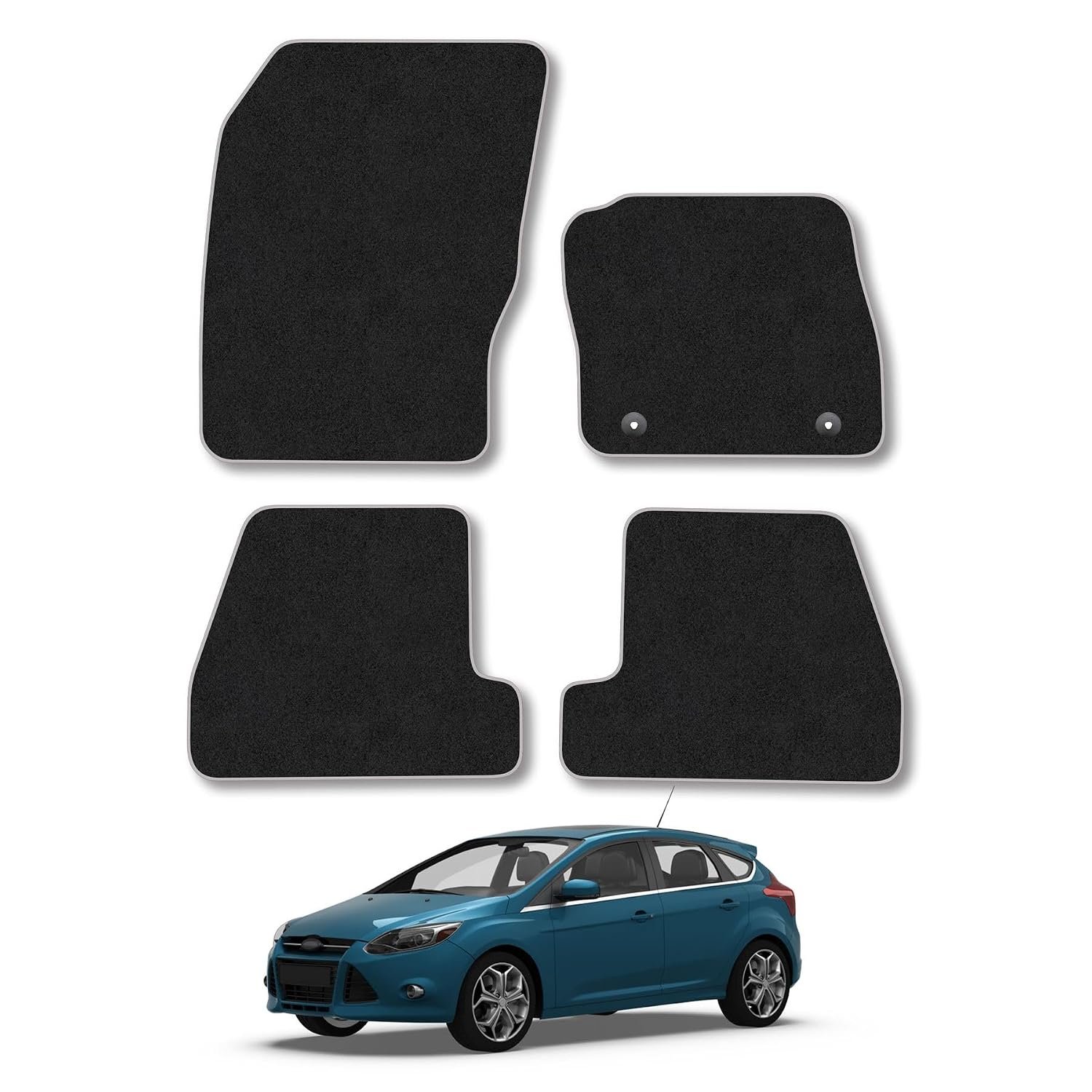 Ford Focus (2011-2014) [MK3] Car Mats Accessories Tailored Fit Carpet Floor Mats Non Slip Grey Trim Accessory Compatible Front Rear Set Anti Slip Full Coverage Granulated Backing Hand-Finished Clips