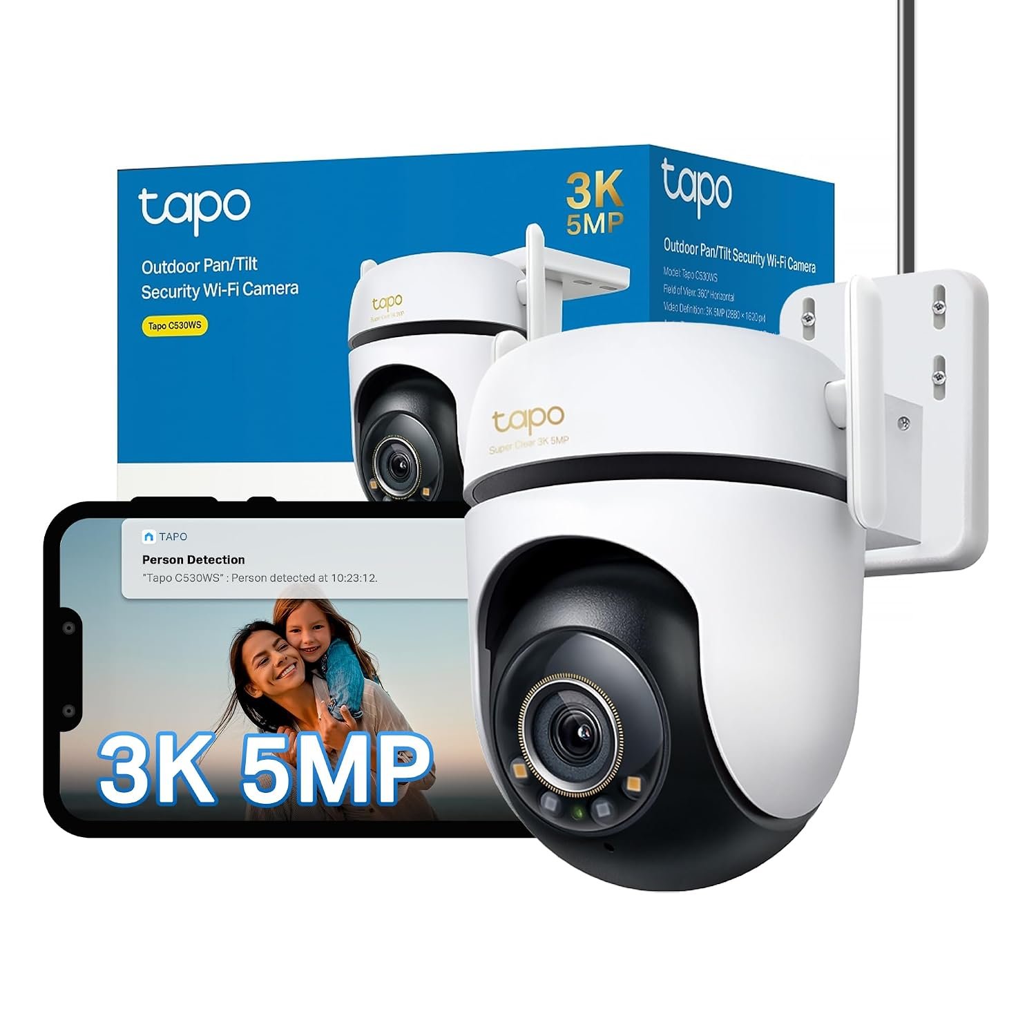 Tapo C530WS Pan/Tilt Outdoor Security Camera, 3K 5MP WiFi Outdoor Camera, 360° Vision Motion Tracking, No Monthly Fee, AI Detection, Starlight Colour Night Vision, IP66, Works with Alexa & Google
