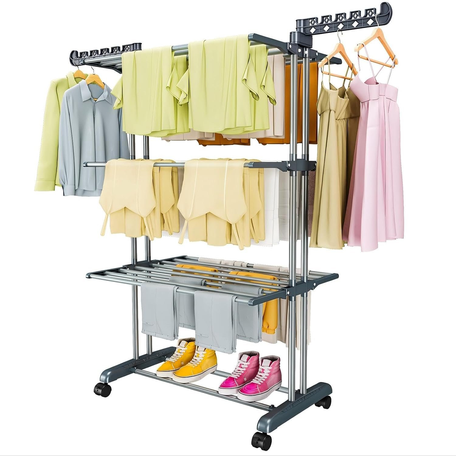 PurKeep Thicken & Durable Clothes Airer, Extra Large 4-Tier Capacity Foldable Clothes Drying Rack with Wheels, Stainless Steel Clothes Horse for Indoor/Outdoor Use in Bedroom, Laundry 50D x 76W x 172H