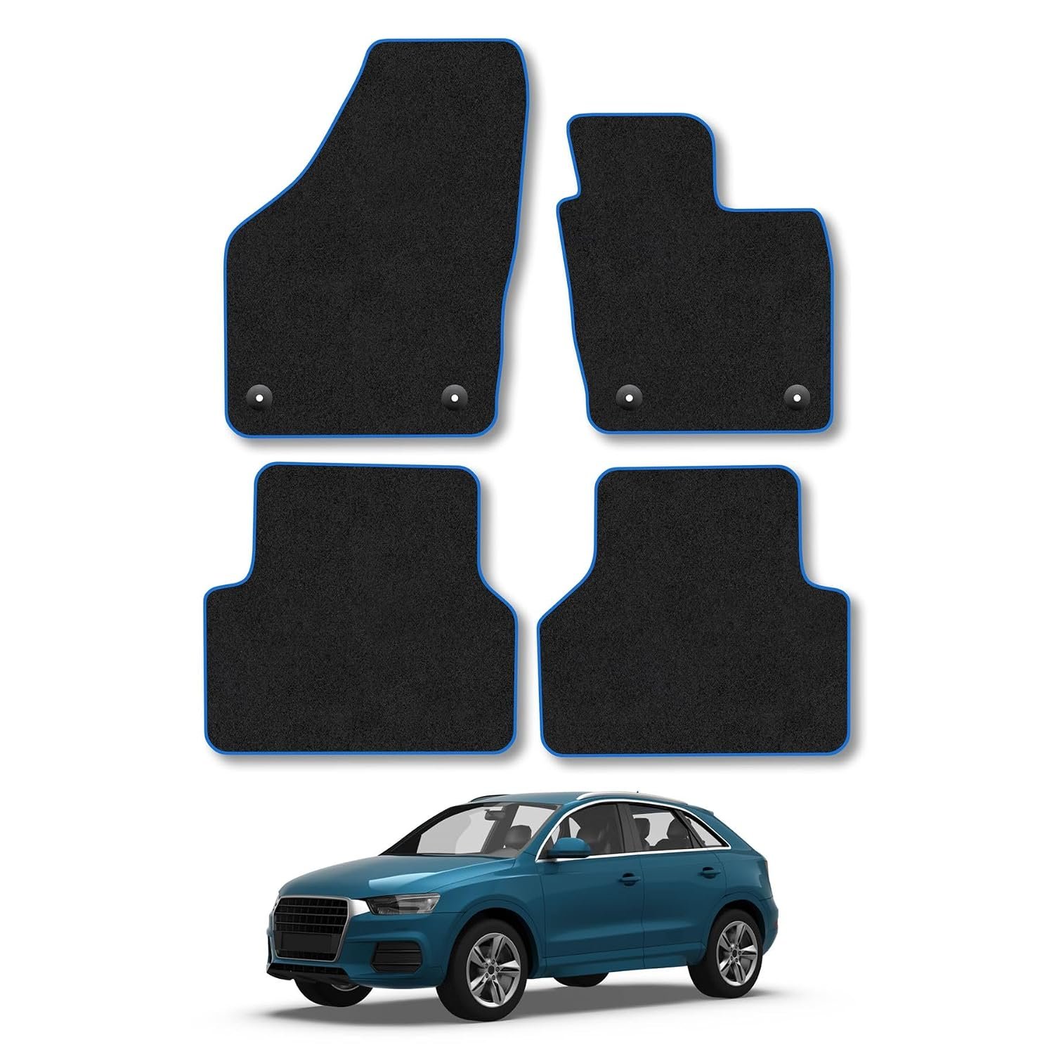Audi Q3 (2011-2018) Car Mats Accessories Tailored Fit Carpet Floor Mats Non Slip Blue Trim Full Coverage Compatible Accessory Granulated Backing Front Rear Set Anti Slip Hand-Finished Clips