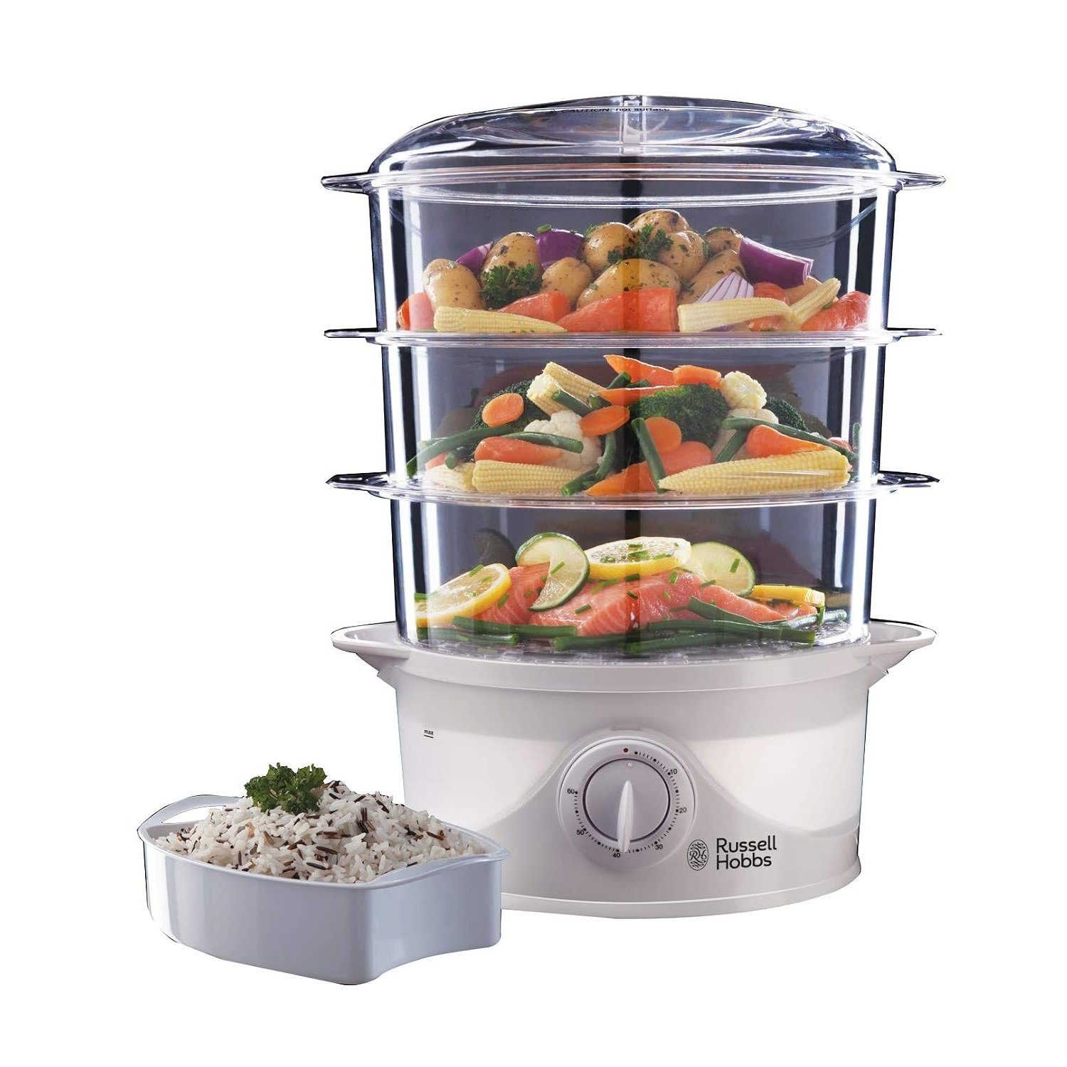 Russell Hobbs 3 Tier Electric Food Steamer, 9L, Dishwasher safe BPA free baskets, Stackable baskets, 1L Rice bowl inc, 60 min timer, Steams in 40 seconds, Healthy eating, Energy saving, 800W, 21140