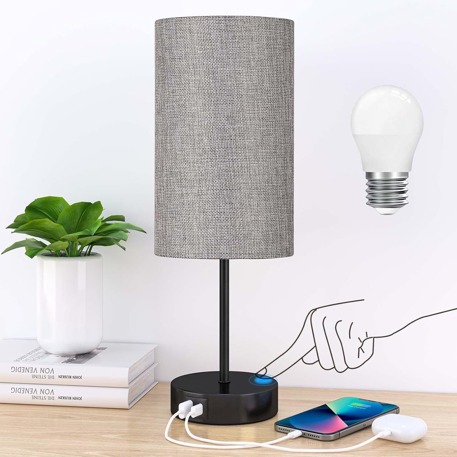 STANBOW Bedside Lamps, Touch Table Lamp with USB A+C Charging Ports for Living Room Bedroom, Dimmable Small Bedside Lamp with Grey Fabric Shade for Kids Room, Study, Dorm, Office(Bulb Included)