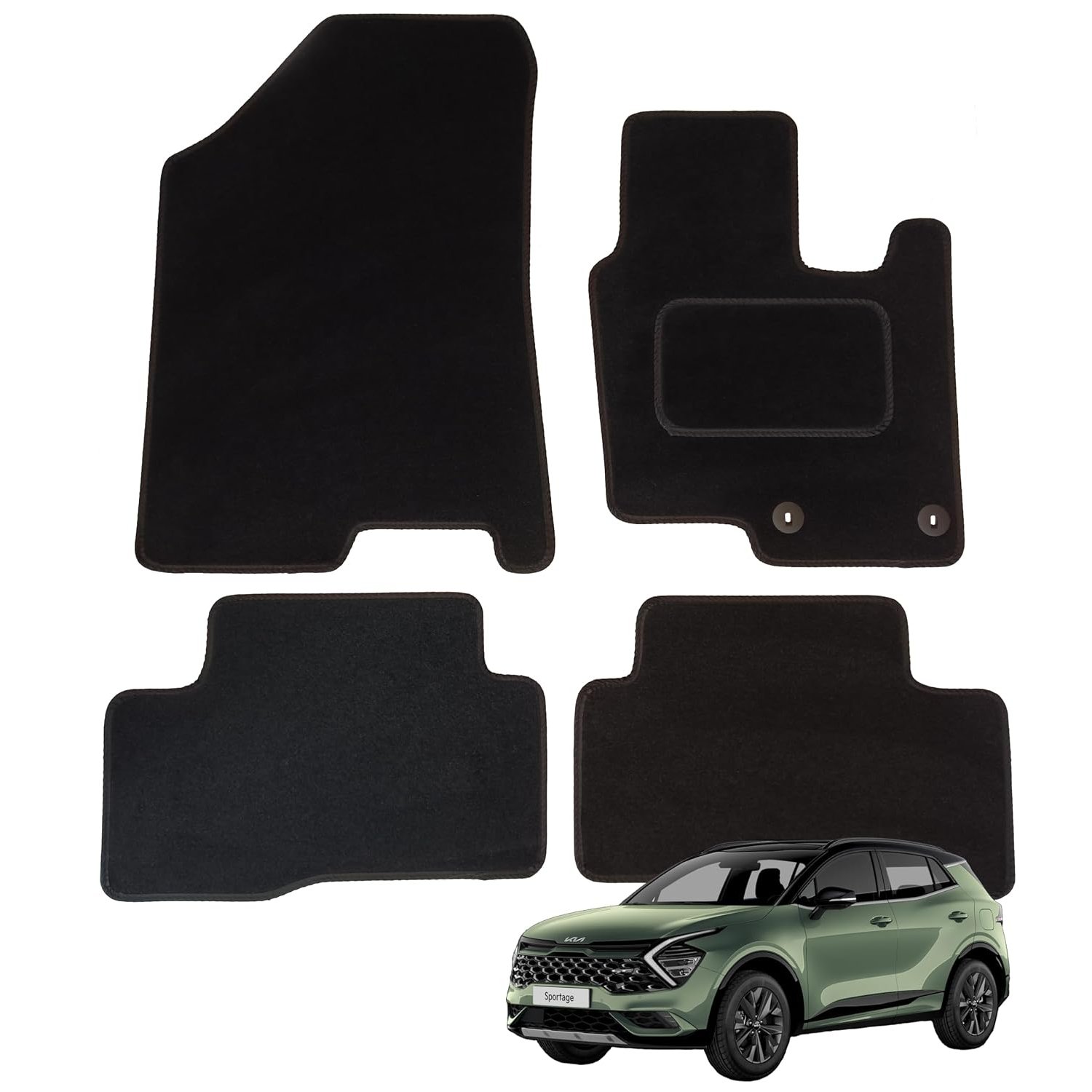 Tailored Car Mats for Kia Sportage 2021-2025 (5th Gen) Hybrid, Set of 4 Floor Mats, Black with Black Trim with 2 Safety Clips