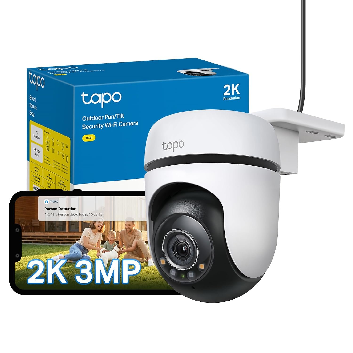 Tapo TC41 2K Pan/Tilt Outdoor Security Camera, WiFi Camera, 360° Smart Person Detection Motion Tracking, Full-Colour Night Vision, No Monthly Fee, Two-Way Talk, IP65, Works with Alexa & Google