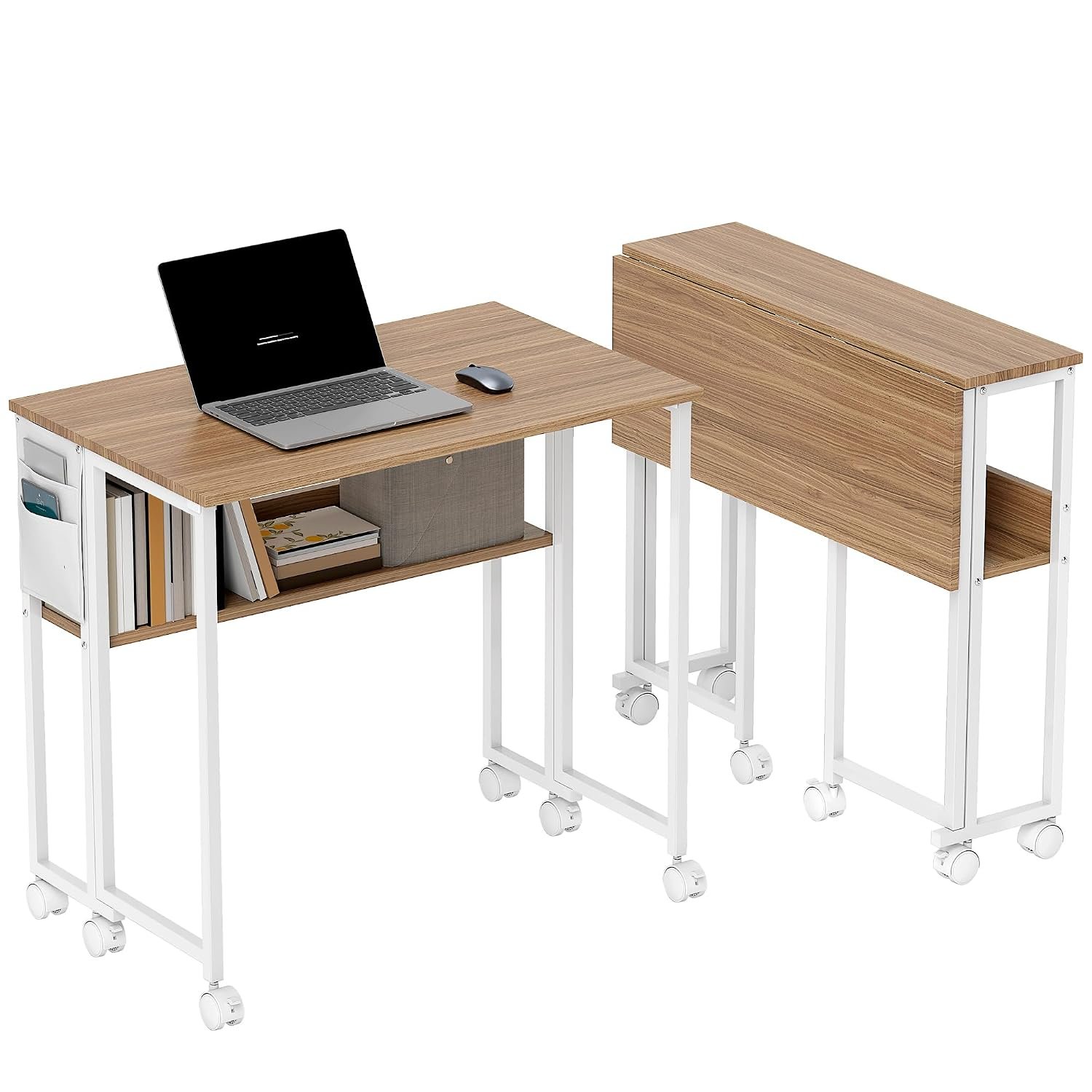 HOMCOM Folding Desk with Storage Shelf and Bag, 80 cm Foldable Computer Desk for Small Spaces, Space Saving Writing Table on Wheels for Home Office, Bedroom, Easy Assembly, Natural Wood Finish