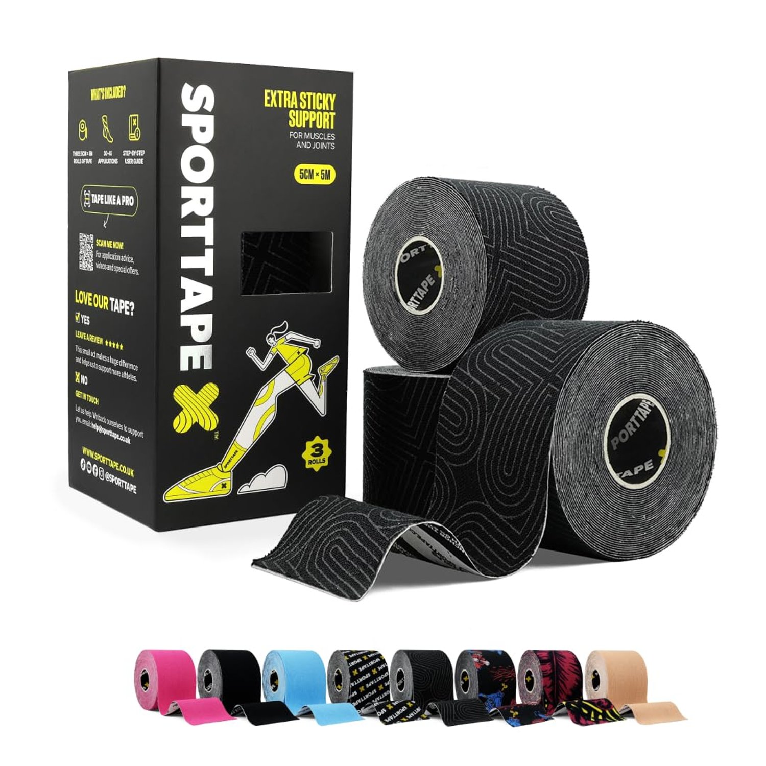 SPORTTAPE Kinesiology Tape, 5cm x 5m, 3 Rolls, Platinum - Waterproof & Hypoallergenic Kinetic Physio Tape for Muscle Injury Recovery, Sports Strapping for Knee Pain, Shoulder, Joint Support & Blisters
