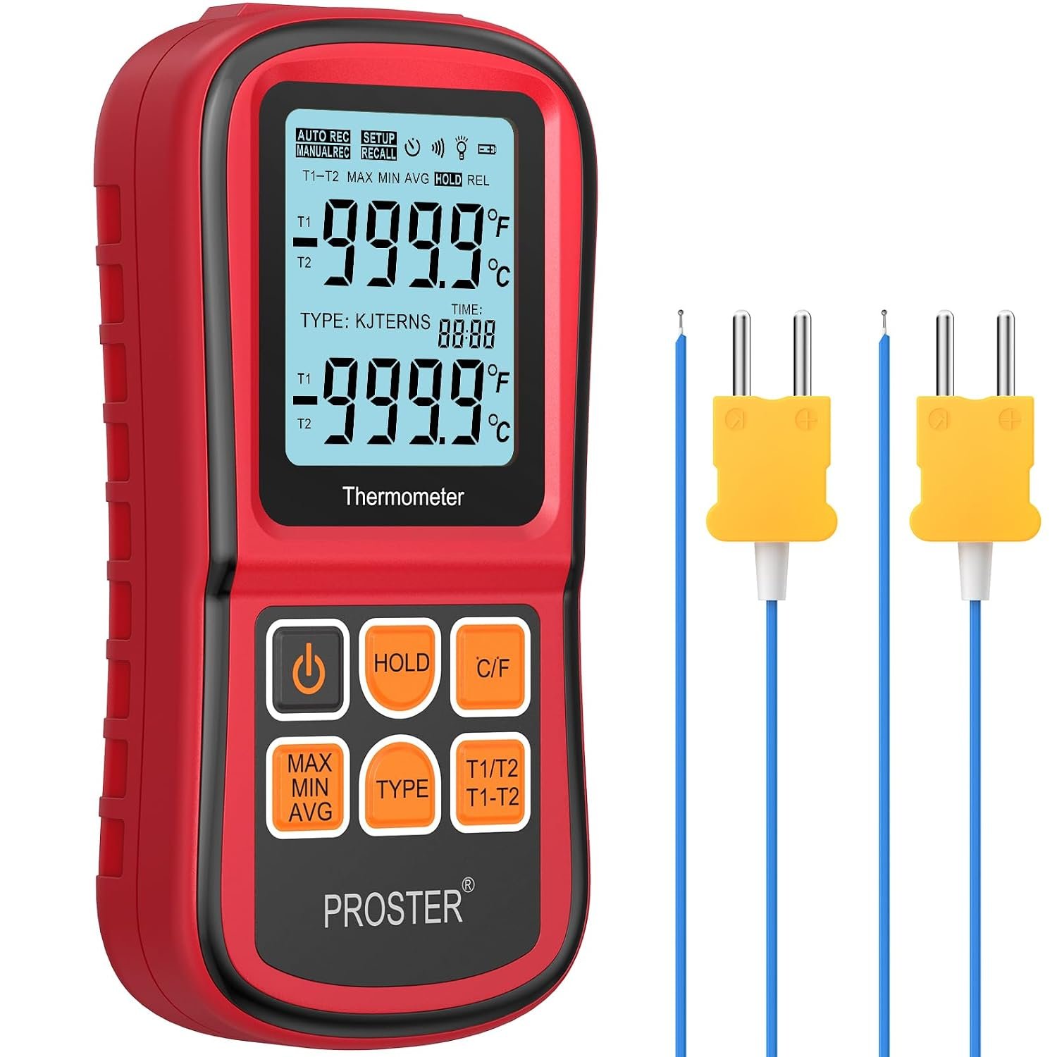 Proster Digital Thermometer Dual Channel - K-Type Thermocouple Temperature Meter -50℃~1300℃ with 2 Probe, LED Backlight & Hold Data Thermocouple Thermometer for HVAC, Pool, Pottery & Industrial Use