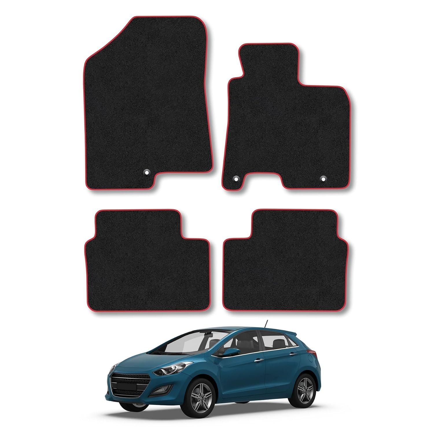 Hyundai i30 (2012-2017) Car Mats Accessories Tailored Fit Carpet Floor Mats Non Slip Red Trim Accessory Compatible Front Rear Set Anti Slip Backing Custom Fit Hand-Finished Full Coverage Clips
