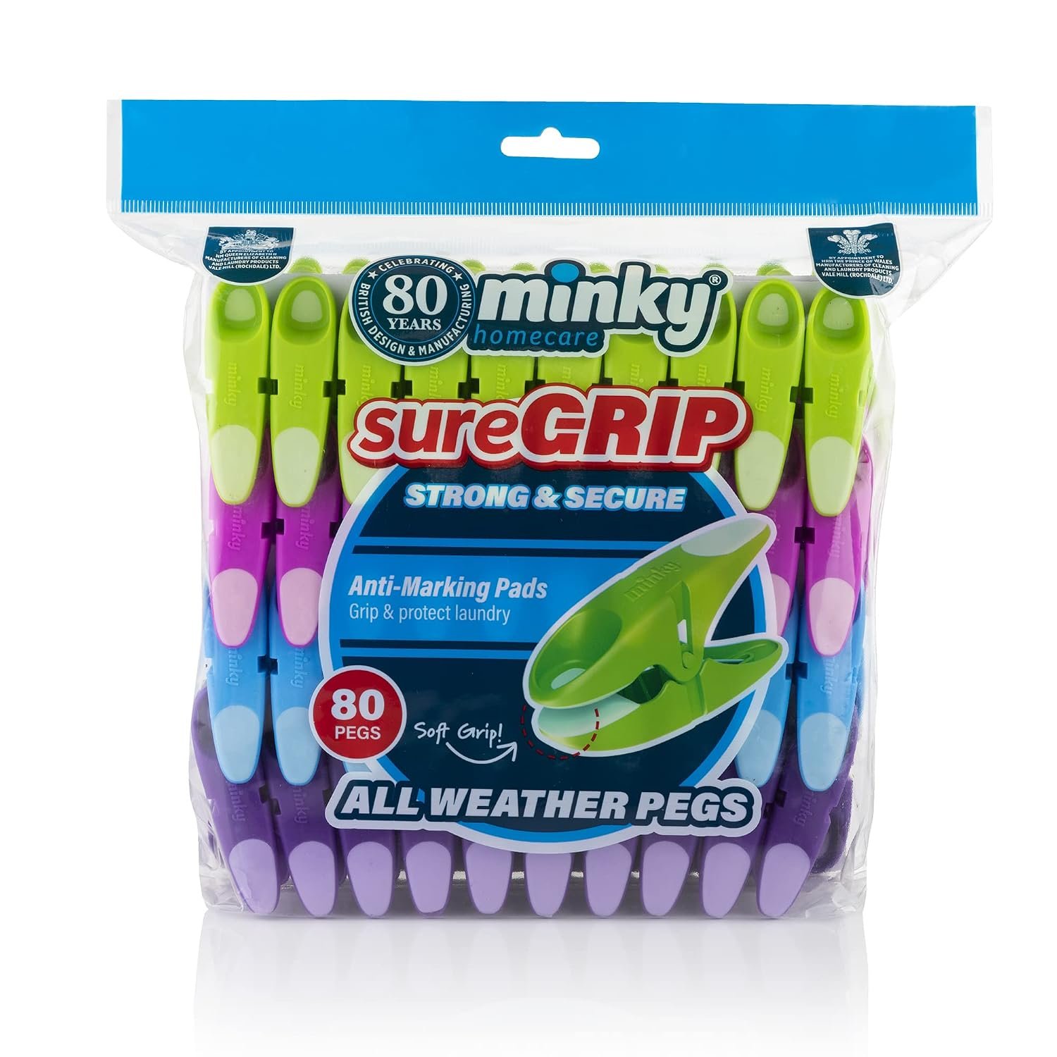 Minky SureGrip Pegs, Assorted colours, Pack of 80