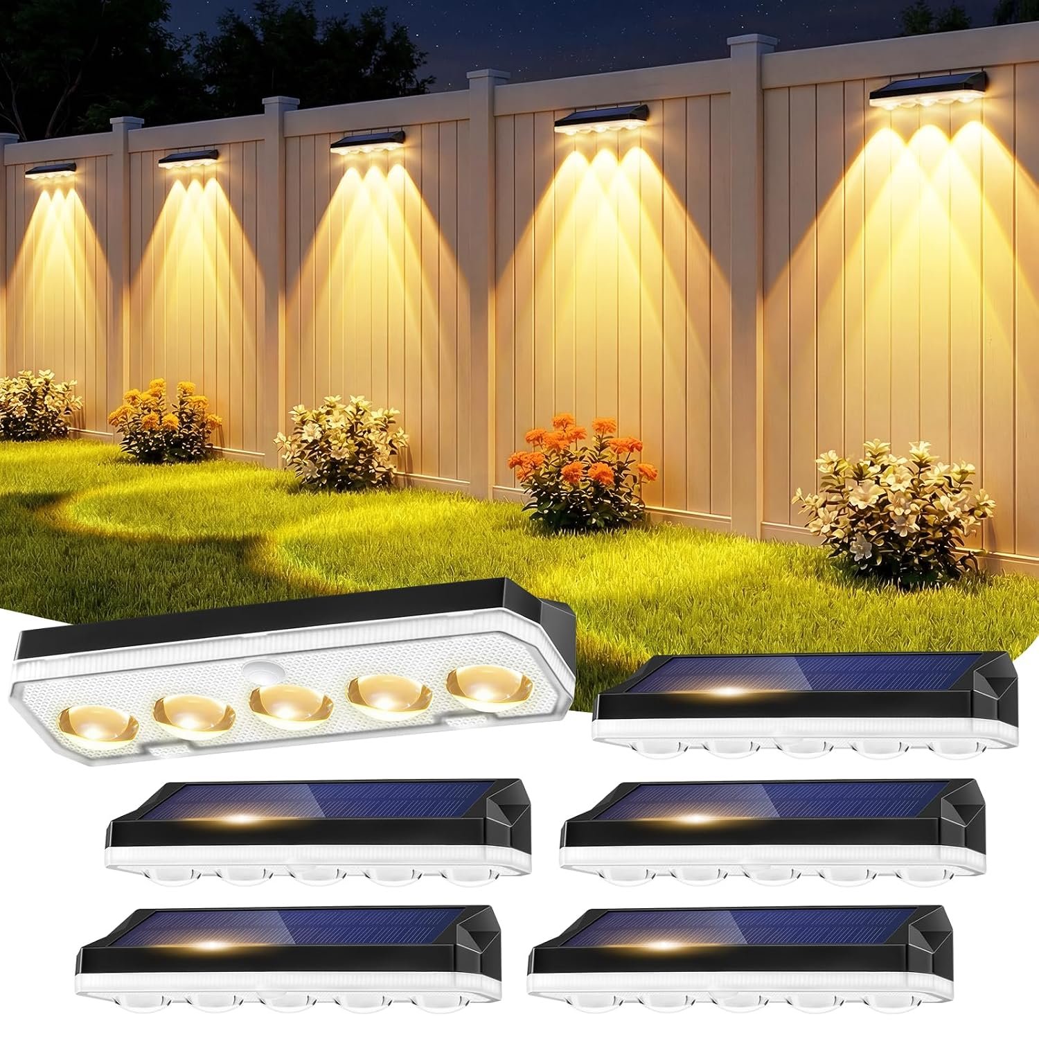 Wonkelly Solar Fence Lights Outdoor, 6 Pack Solar Lights Outdoor Garden Warm White/Cool White& RGB 8 Colors, 5 Lens 40 Lighting Modes, IP65 Waterproof, Outside Wall Light for Garage, Yard, Pathway