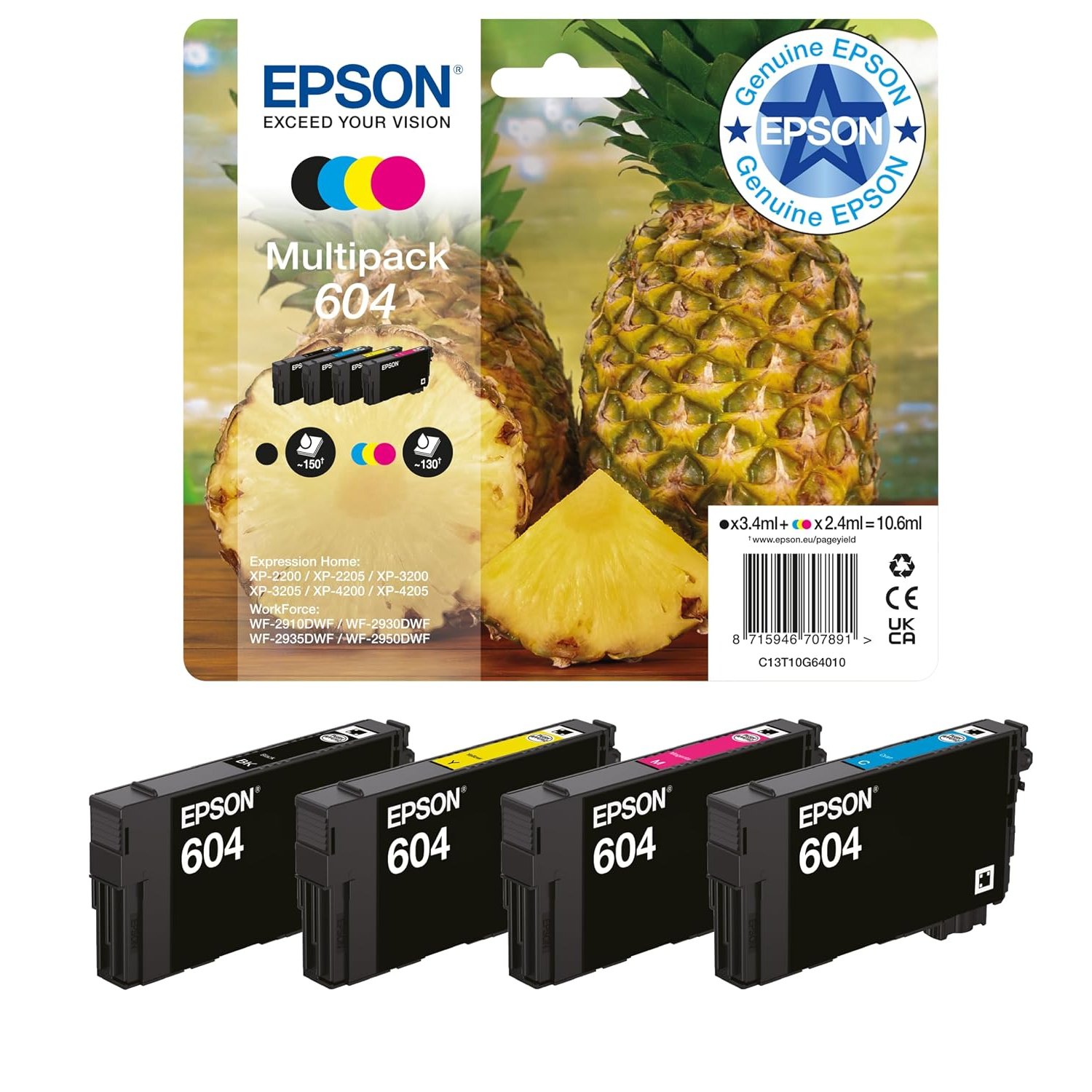 Epson 604 Pineapple Multipack 4 Colour Genuine Ink Cartridges | Black, Cyan, Magenta, Yellow | 1x 3.4ml, 3x 2.4ml | Brand-made for optimal results