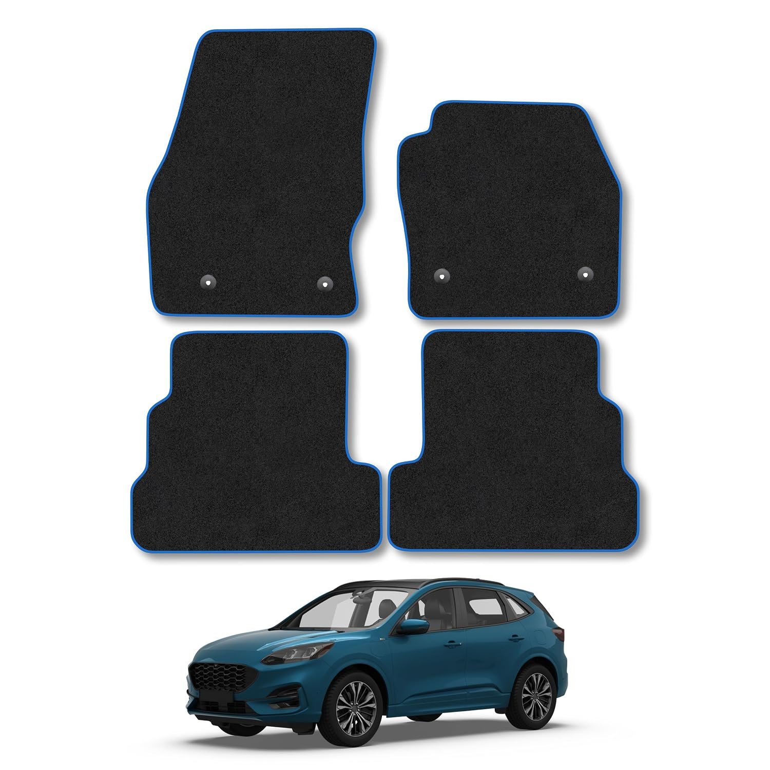 Ford Kuga (2015-2020) Car Mats Accessories Tailored Fit Carpet Floor Mats Non Slip Blue Trim Full Coverage Compatible Accessory Granulated Backing Front Rear Set Anti Slip Hand-Finished Clips