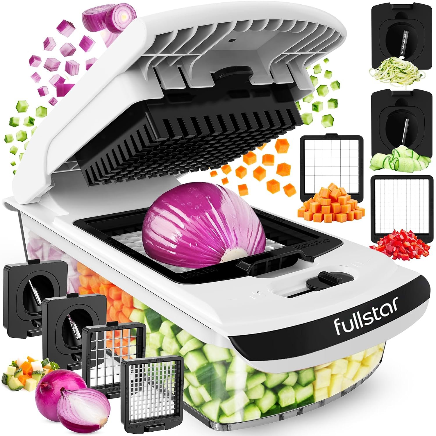 Fullstar (PRO Original Series) Vegetable Chopper & Spiraliser - 4 Stainless Steel Blades - Dicer & Veg Cutter - BPA-Free & Dishwasher Safe (PRO Original 4-in-1, White)