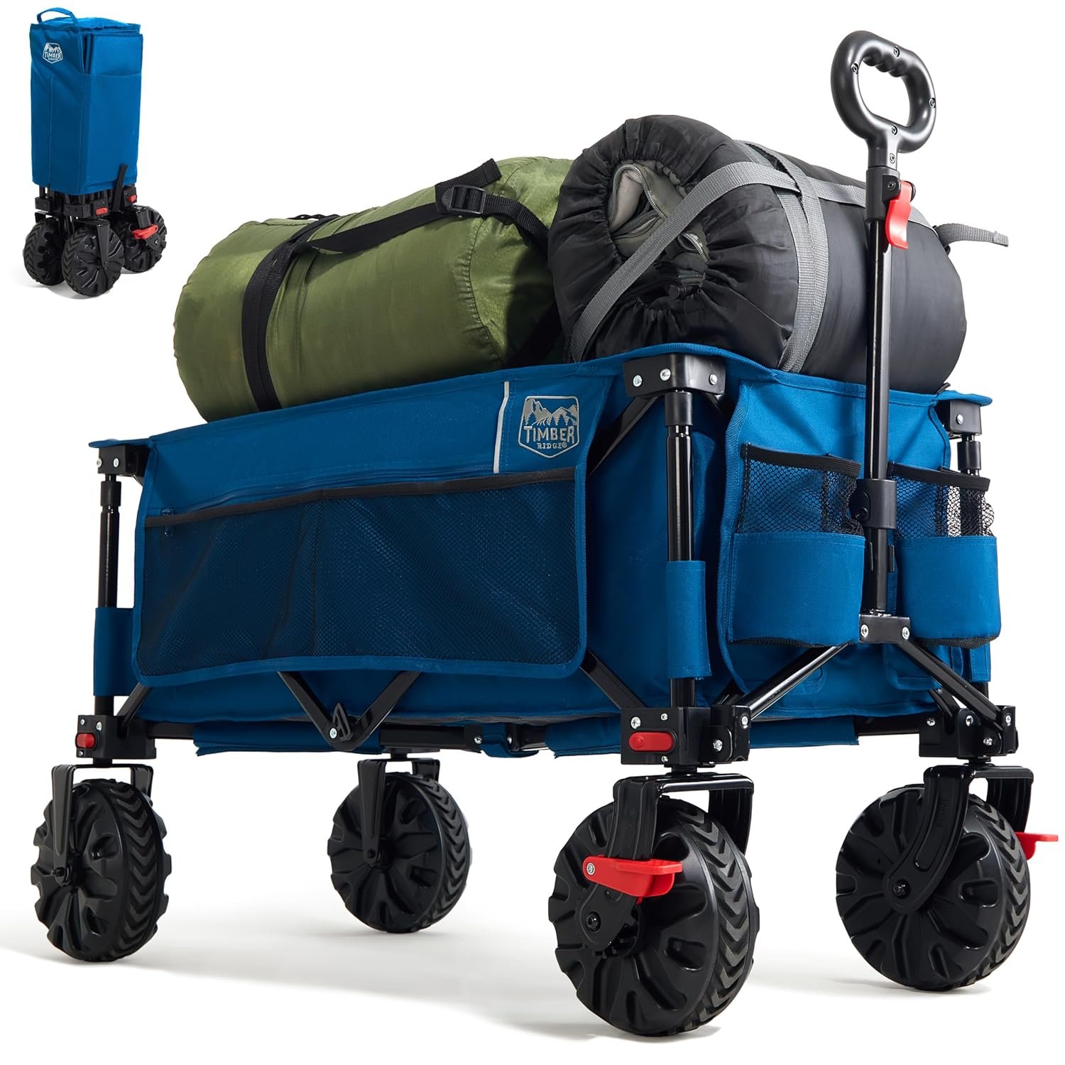 TIMBER RIDGE Festival Trolley on Wheels with Brakes, 200L Foldable Camping Trolley Cart with Adjustable Handle & Cover Bag, 100kg Heavy Duty Beach Cart Wagon for Outdoor Garden Picnic (Blue)