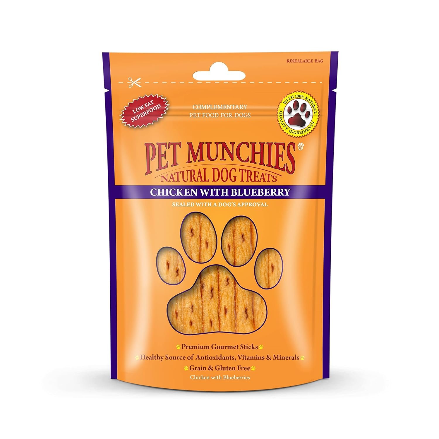 Pet Munchies Chicken with Blueberry Sticks Dog Treats, Healthy Grain Free Dog Chews with Natural Real Meat, Low in Fat and High in Protein 80g (Pack of 8)