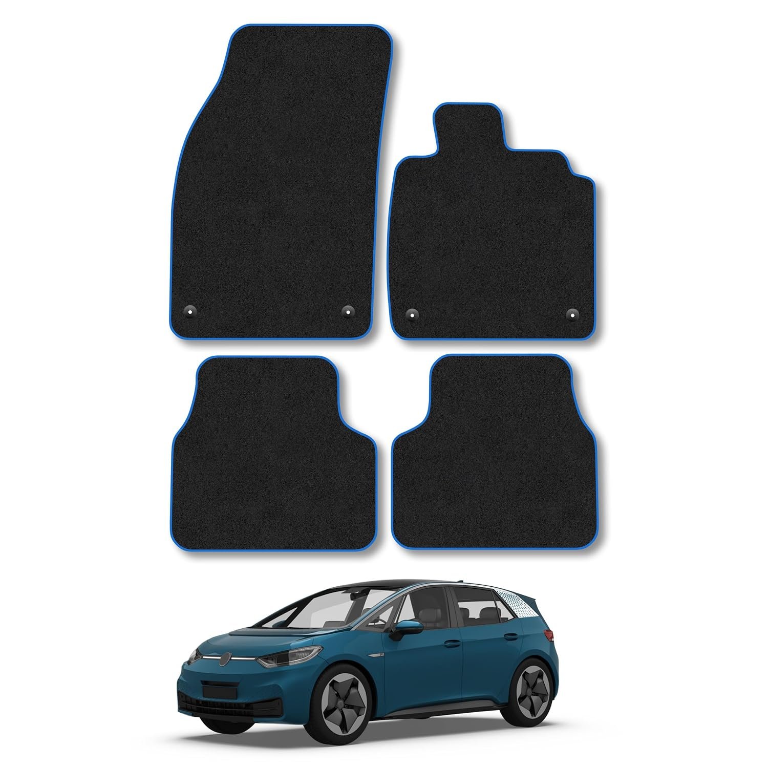 VW ID.3 (2019+) Car Mats Accessories Tailored Fit Carpet Floor Mats Non Slip Blue Trim Full Coverage Compatible Accessory Granulated Backing Front Rear Set Anti Slip Hand-Finished Clips