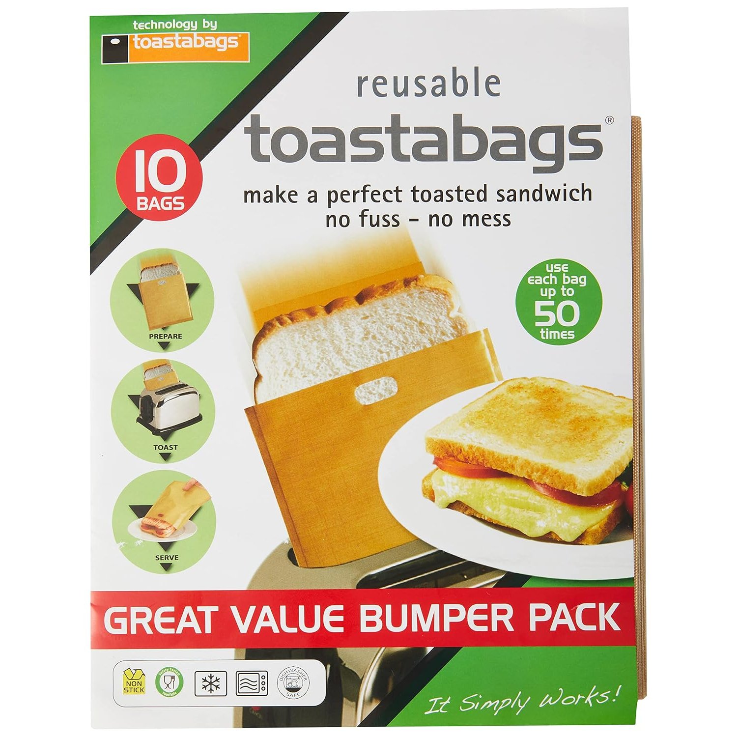 toastabags Reusable Toastie Bags, 10 Pack – Non-Stick Toasting Bags for Sandwiches, grilled cheese, Paninis & Snacks – Easy Clean, Mess-Free Toaster Liners