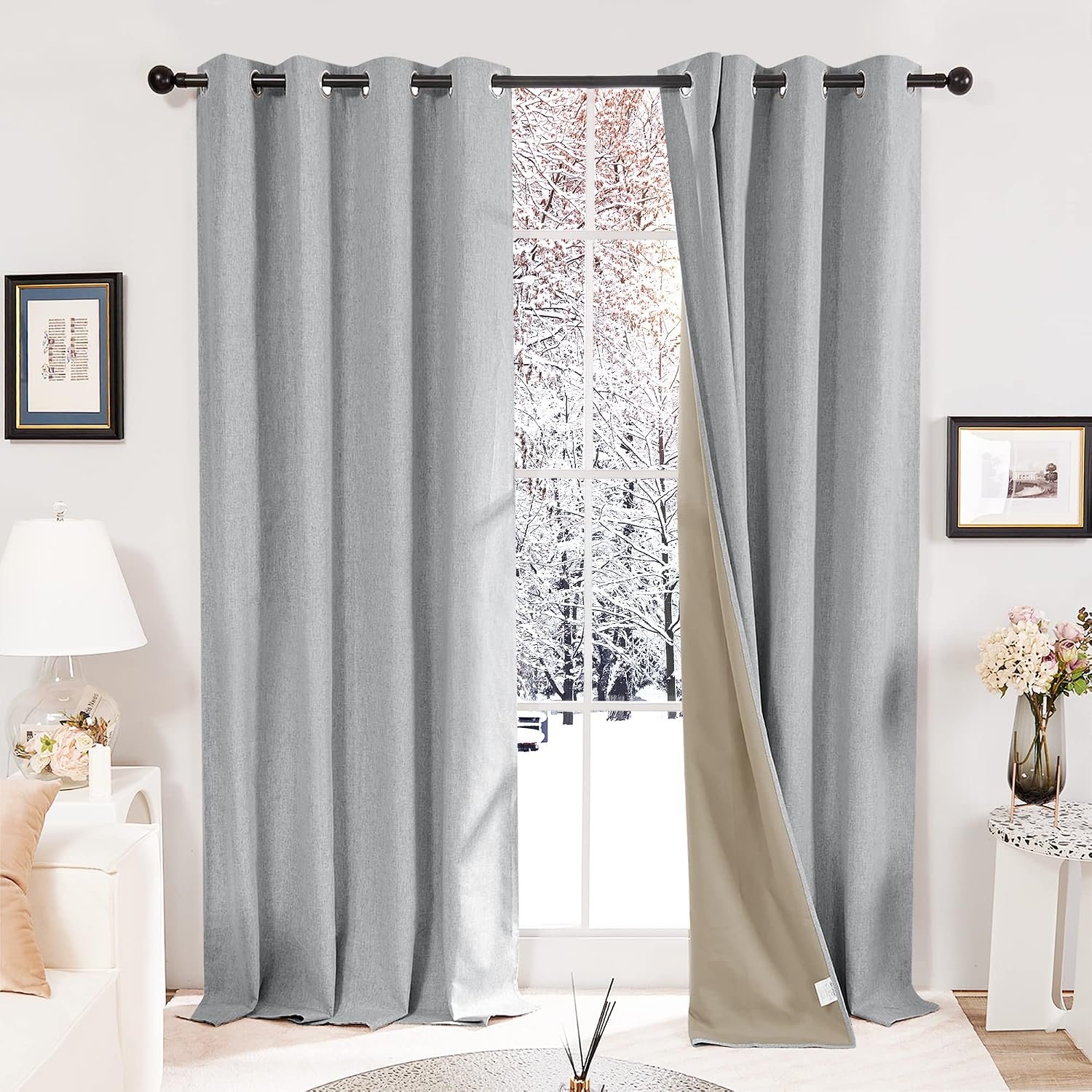Deconovo 100% Blackout Curtains Faux Linen Eyelet Thermal Insulated Curtains for Living Room Blue Grey W52 x L63 Inch 1 Pair