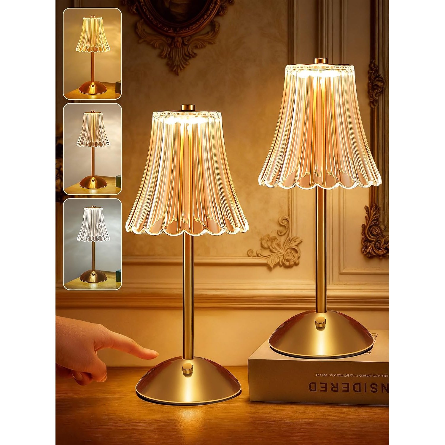 One Fire Bedside Lamps Set of 2,Dimmable+3 Colors Bedside Lamp Table Lamp for Bedroom, Touch Lamps Rechargeable Lamp, White Bedside Tables Set of 2,Cordless Lamp Battery Lamp Gifts for Women