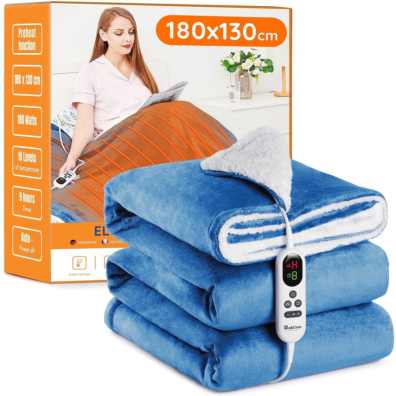 Mia&Coco Electric Heated Blanket Throw Flannel Sherpa Fast Heating 180x130cm, 10 Heat Levels & Up-to-9-Hours Auto-Off Timer & LED Display, for Home Office Use, Machine Washable, ETL Certified, Blue
