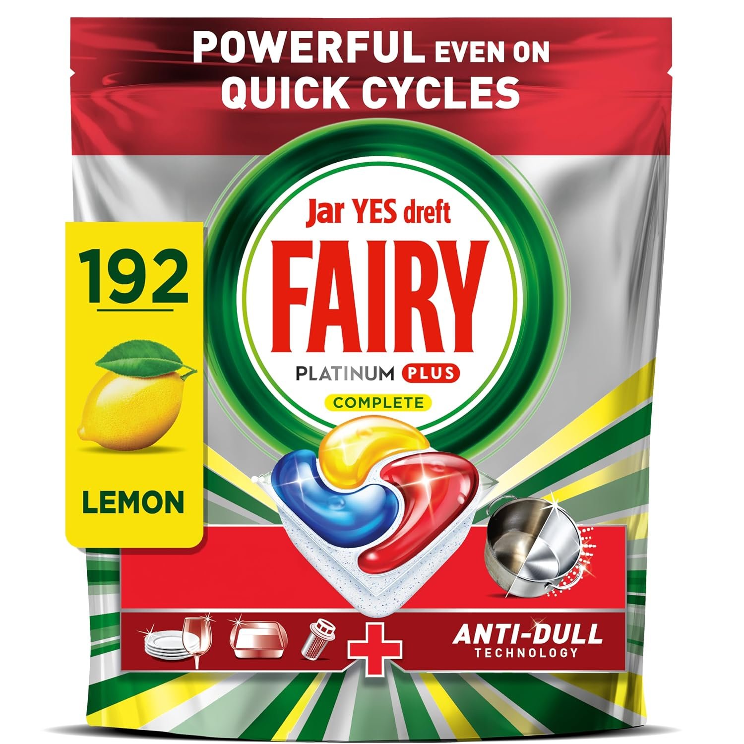 Fairy Platinum Plus Dishwasher Tablets Lemon, 192 Capsules, Impeccable Clean Even in Quick Cycles Without Pre-Wash, Anti-Dull Technology, Super Shine Function, Filter Clean