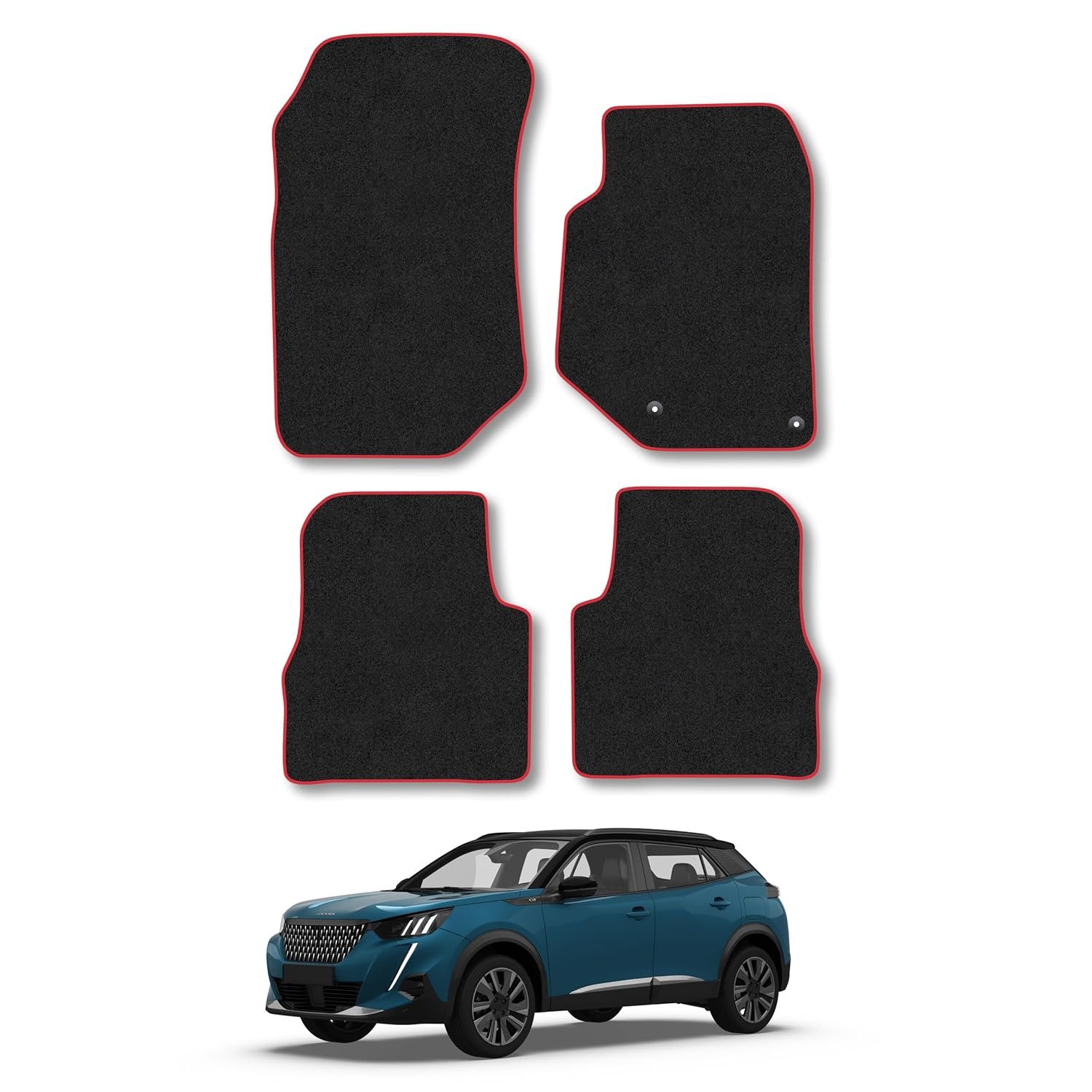 Peugeot 2008 (2020+) [NOT EV] Car Mats Accessories Tailored Fit Carpet Floor Mats Non Slip Red Trim Accessory Compatible Front Rear Set Anti Slip Backing Custom Fit Hand-Finished Full Coverage Clips