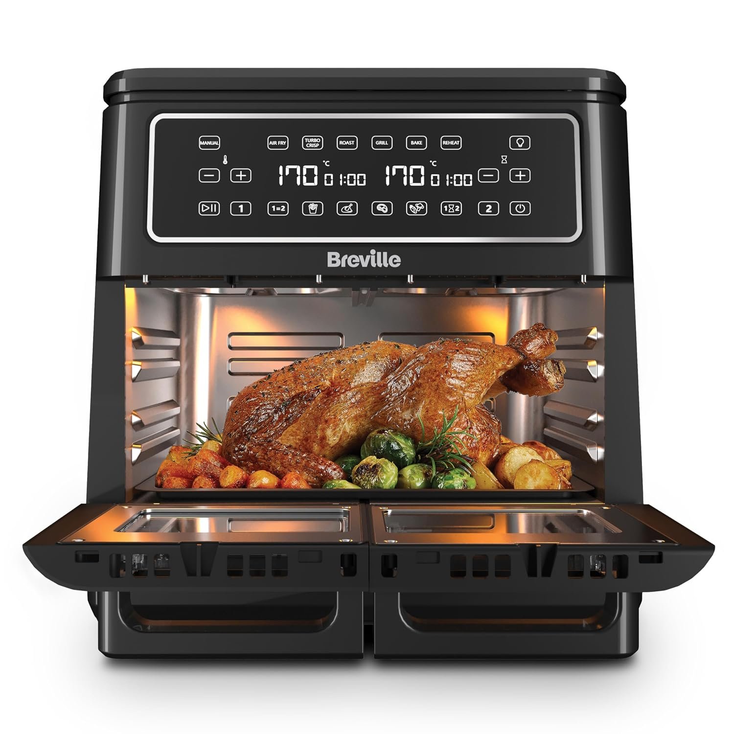 Breville Halo Flexi Air Fryer | Digital Dual Air Fryer Oven | 11L: Serves 10+ People | FryBakeGrillRoast & Reheat | 2400 W | Save £65 a Year on Energy Bills* | Black [VDF130]