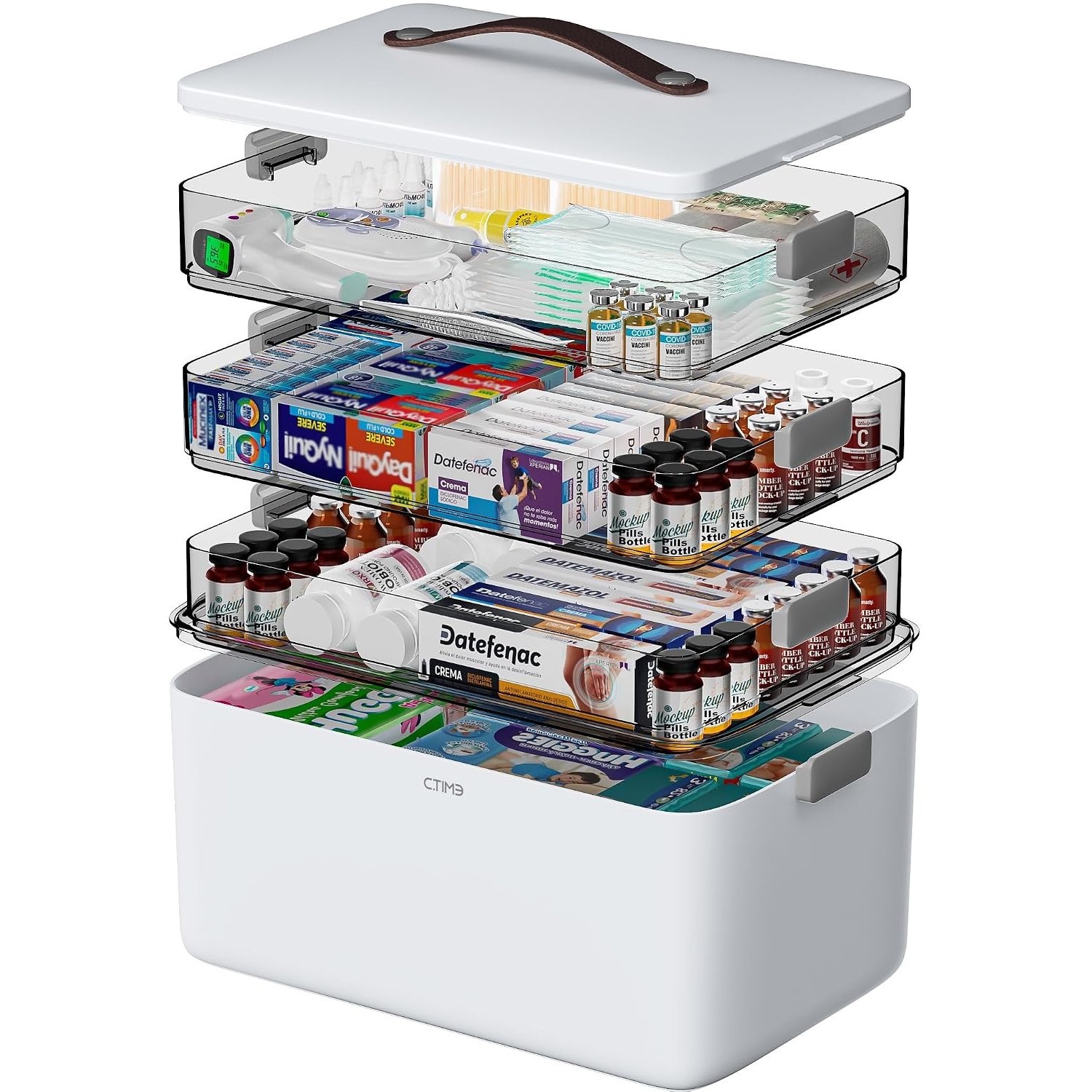 CTIME Extra Large 4 -Tier Medicine Box - Portable with Leather Handle, Ideal for Household and Travel 14.6 x 9.6 x 12. 6 in Family First Aid Medicine Box for Home and Travel