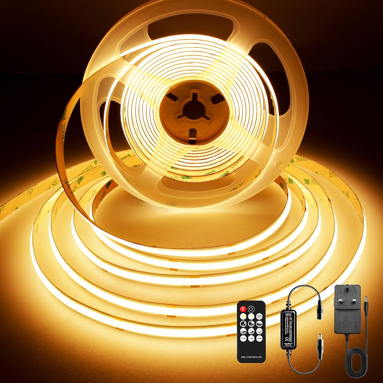 BERIXDEEP COB LED Strip 5m, 480LEDs/M, High Bright Dotless LED Tape with Remote and Power Supply, DC24V, CRI>92, 8mm Width, Warm White LED Strip Lights for Bedroom, 2700K