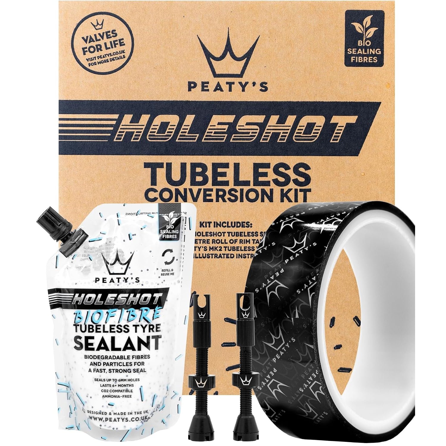 Peaty's Tubeless Wheel Conversion Kit - Enduro & DH - 30mm Tape / 42mm Valves / 2x 120ml Holeshot Biofibre Sealant Pouch, Black, 30mm Enduro & DH