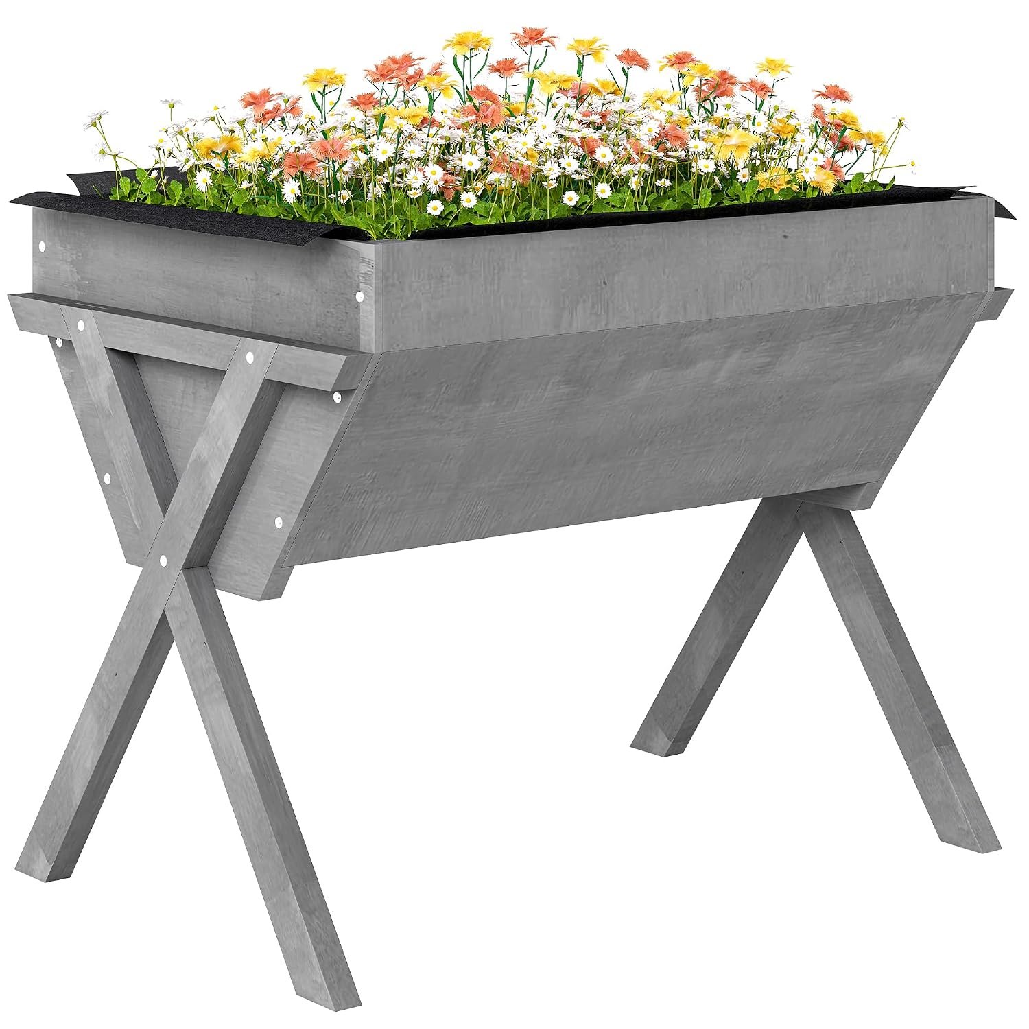 Outsunny Wooden Raised Garden Bed with Bed Liner, Elevated Planter Box with Legs, for Vegetables Flowers Herbs, Outdoor and Indoor Use, Light Grey