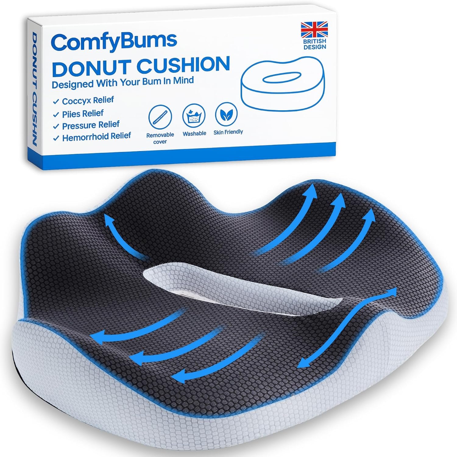 ComfyBums Hemorrhoid Donut Cushion For Coccyx, Tailbone, Piles Orthopaedic Pressure Relief - Memory Foam Pillow For Office Chair Seat Ring Cushions - Targets Sores & Pain Relief - Made For You