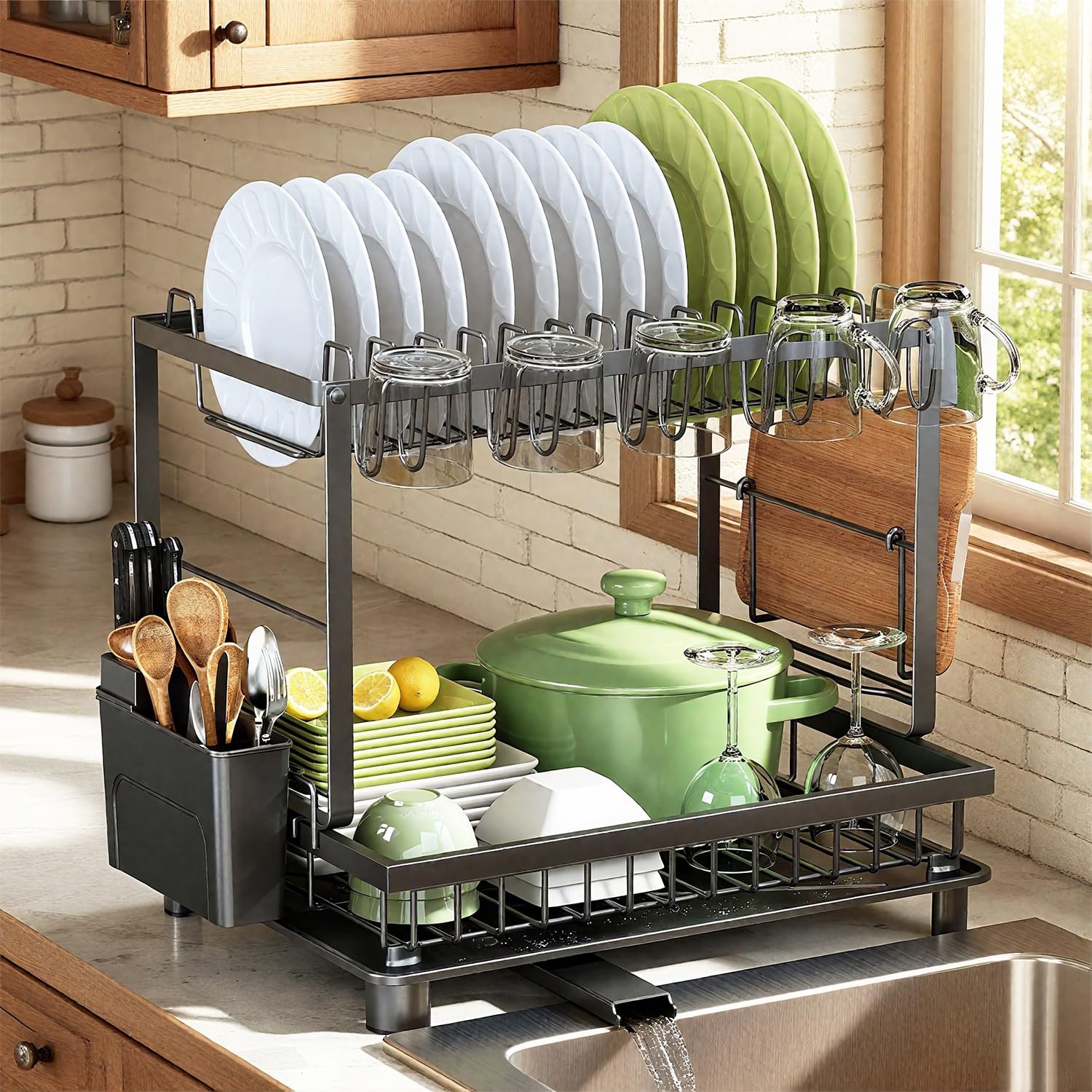Nfnoyp Dish Drainer Rack, 2 Tier Dish Drainer Rack Multifunctional, Rustproof Dish Racks with Drainboard, Space-Saving Utensil & Cup Holder for Kitchen Counter, Black