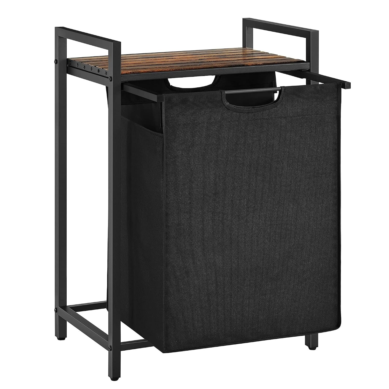 VASAGLE Laundry Basket, Laundry Hamper, Pull-Out and Removable Liner Bag, Shelf, Metal Frame, 65 L, 50 x 33 x 72 cm, Ink Black and Rustic Brown BLH101B01