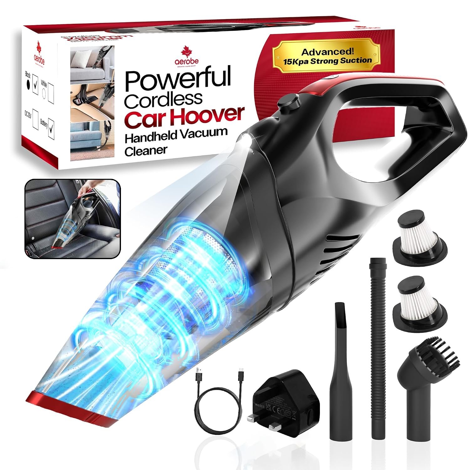 Aerobe HandHeld Vacuum Cleaner - ADVANCED 15000 PA Car Hoovers Cordless Powerful, Strong Suction Car Vacuum Cleaner For Home Mini Hoover With Led Light Hand Held Hoover/Portable hoovers