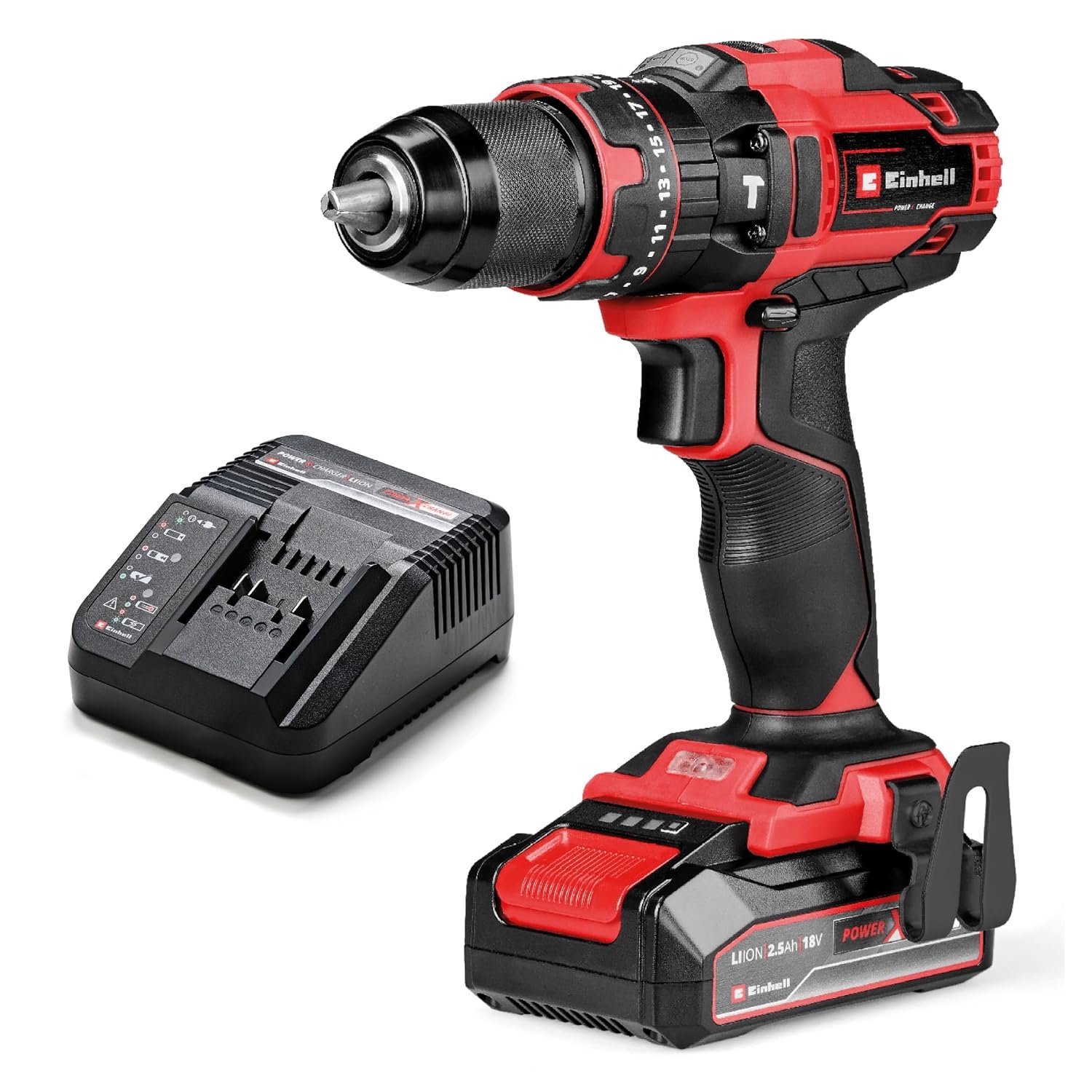 Einhell Cordless Impact Drill Driver with Battery and Charger 18V Power X-Change, 44Nm, 3-in-1 Combi Drill, Hammer Drill and Screwdriver, Battery Powered Drill Set - TE-CD 18/44 Li-i