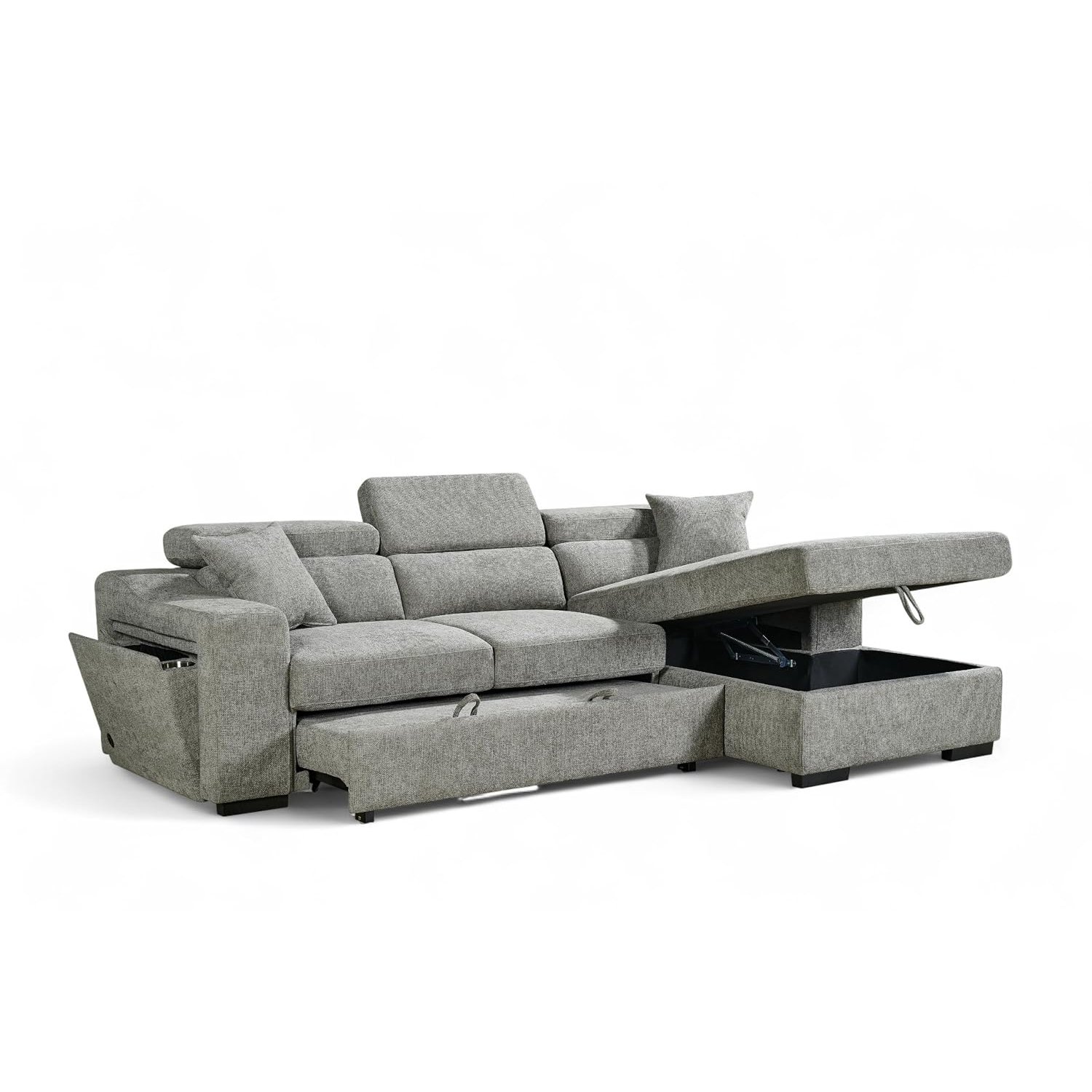 Grey Fabric Corner Sofa Bed with Storage, USB and Wireless Charging Dock ARTHUR - L Shaped Pull Out Sofa Bed 3 Seater for Family Living Room with Cushions, 220 x 140 cm Sleeping Area, Right Hand