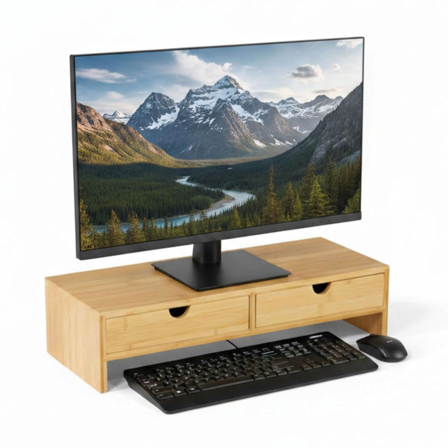 Osco Bamboo Monitor Stand Riser with 2 Drawers – Fully Assembled Sustainable MOSO Bamboo Desk Raiser for Computer or Laptop – Natural Wood Finish, 11×47×18 cm