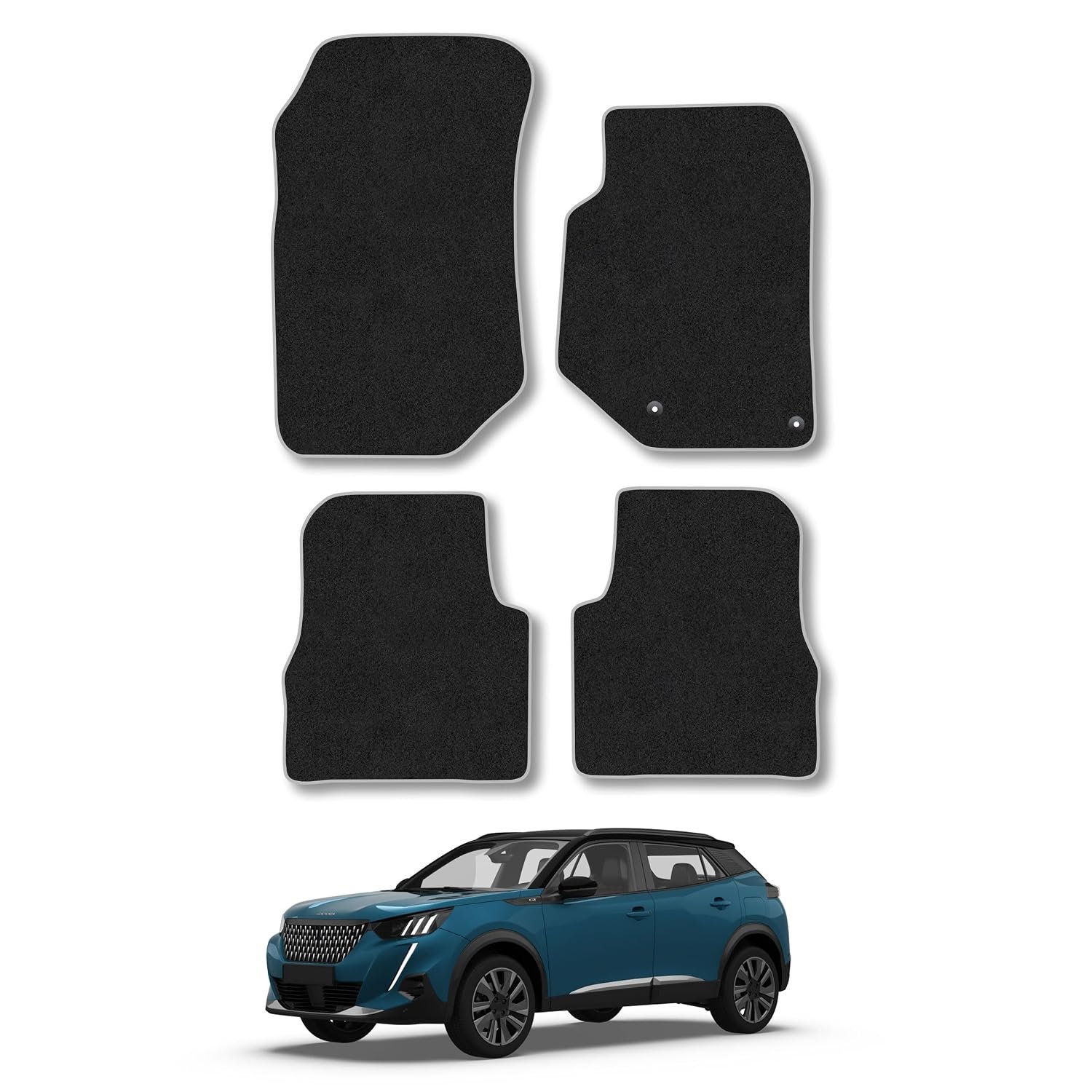Peugeot 2008 (2020+) [NOT EV] Car Mats Accessories Tailored Fit Carpet Floor Mats Non Slip Grey Trim Accessory Compatible Front Rear Set Anti Slip Full Coverage Granulated Backing Hand-Finished Clips