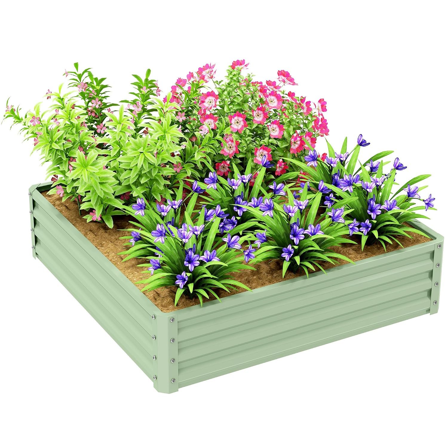 Outsunny 432L Square Raised Garden Bed, Galvanised Planter Box Outdoor with Open Bottom, Metal Raised Garden Bed Kit for Vegetables, Flowers and Herbs, 120 x 120 x 30cm, Light Green