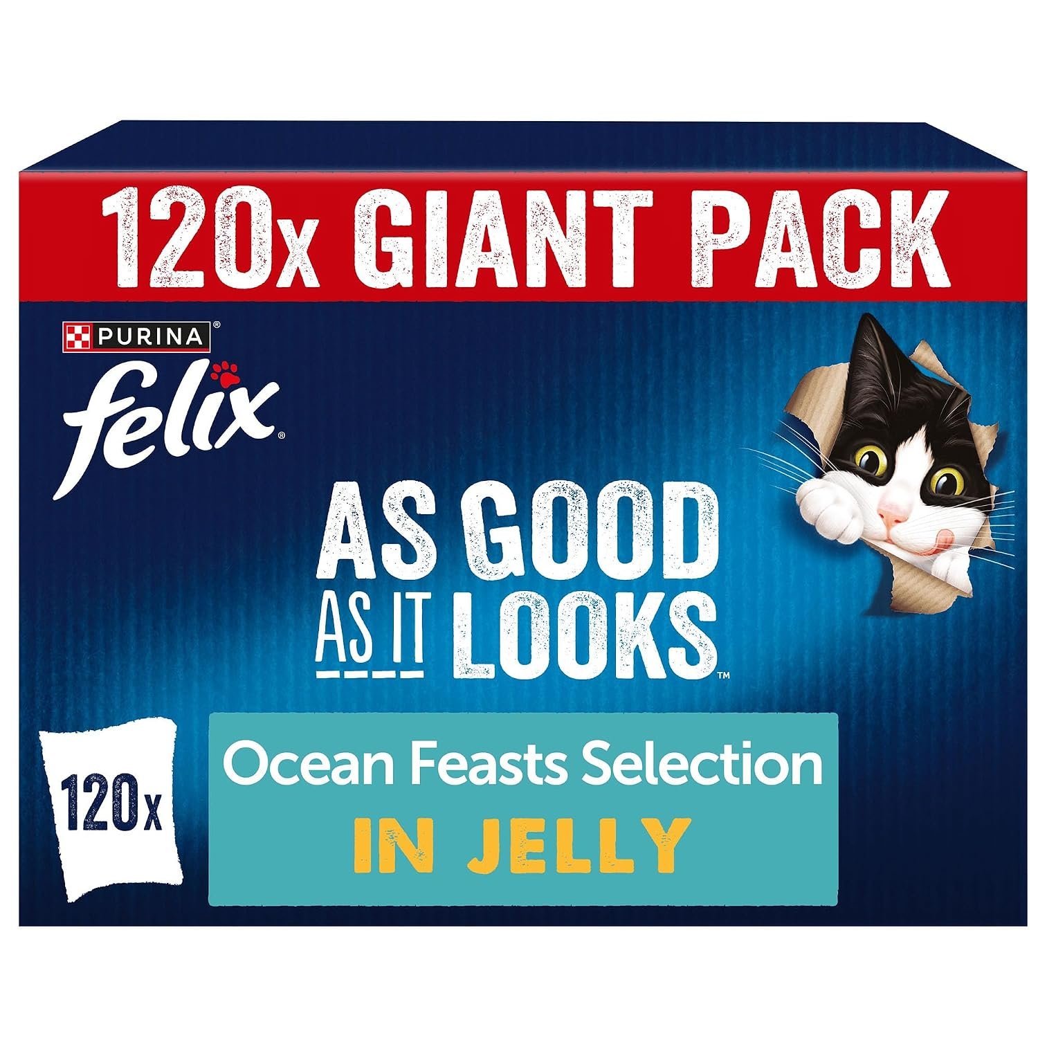 FELIX As Good As it Looks Adult Wet Cat Food Ocean Feasts in Jelly Plaice, Salmon, Tuna, Cod 120 x 85g Pouches