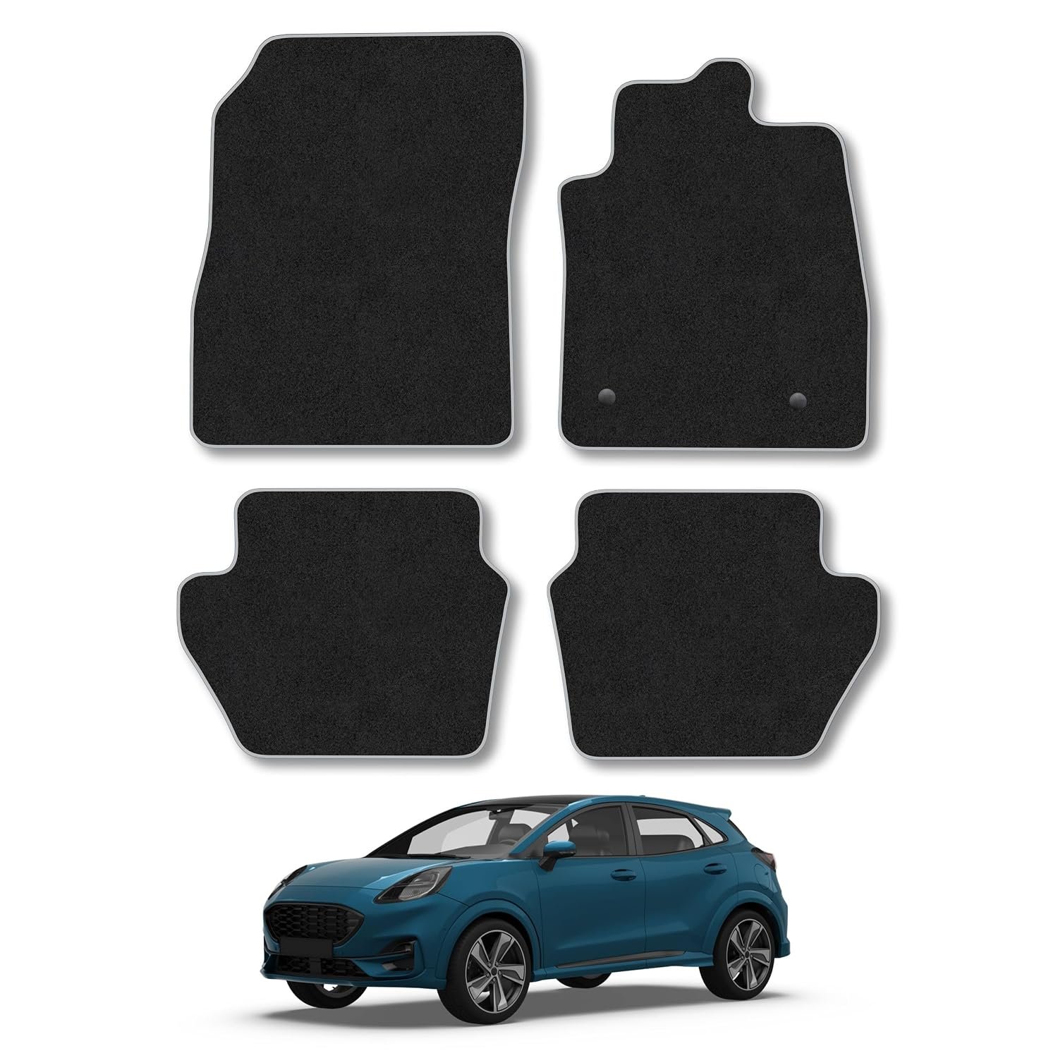 Ford Puma (2019+) Car Mats Accessories Tailored Fit Carpet Floor Mats Non Slip Grey Trim Accessory Compatible Front Rear Set Anti Slip Full Coverage Granulated Backing Hand-Finished Clips