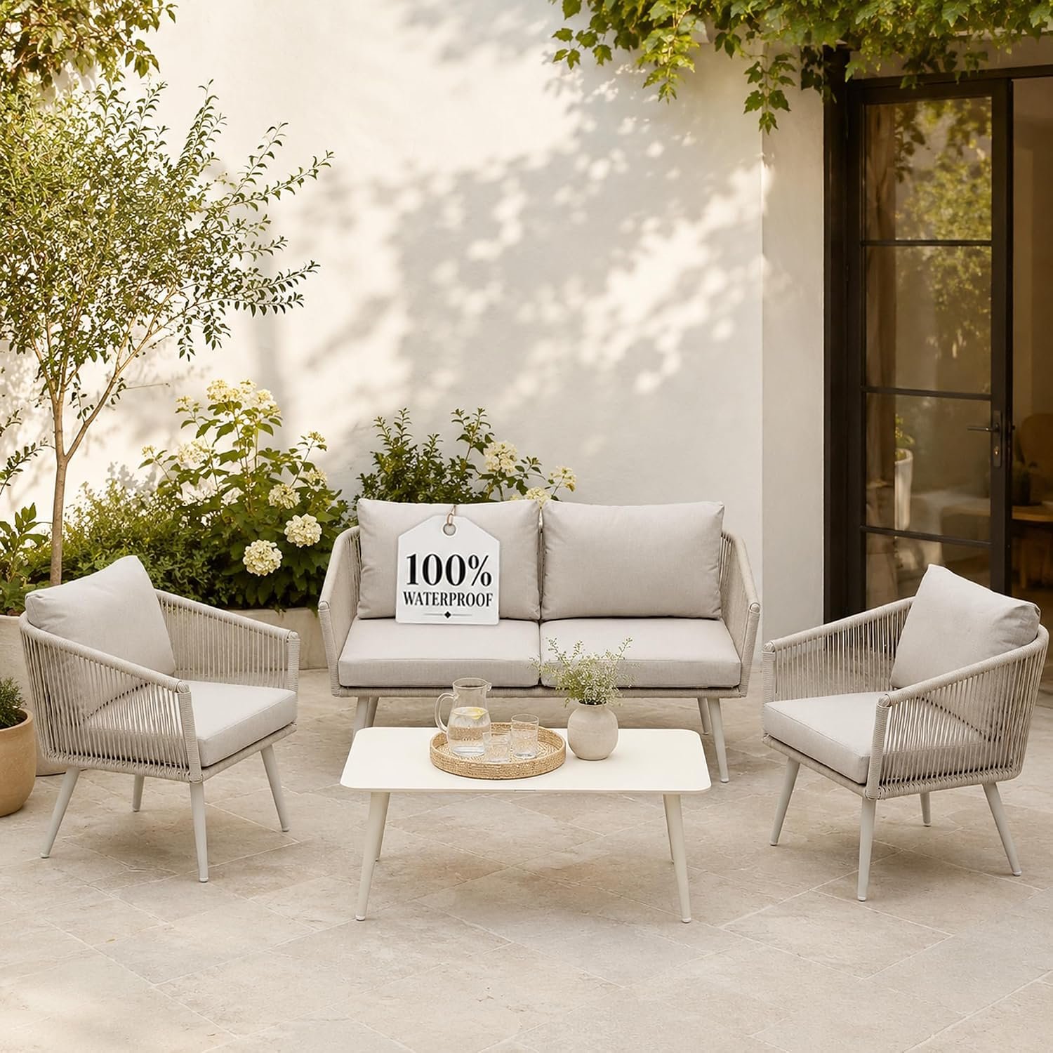 Olsen & Smith Marlow 4 Seater 5 PCS Outdoor Garden Sofa Set – 2-Seat Sofa, 2 Armchairs & Table – Sturdy Rust-Resistant Iron Frame, Rattan & Waterproof Cushions – Patio Furniture (Sandstone/Cream)