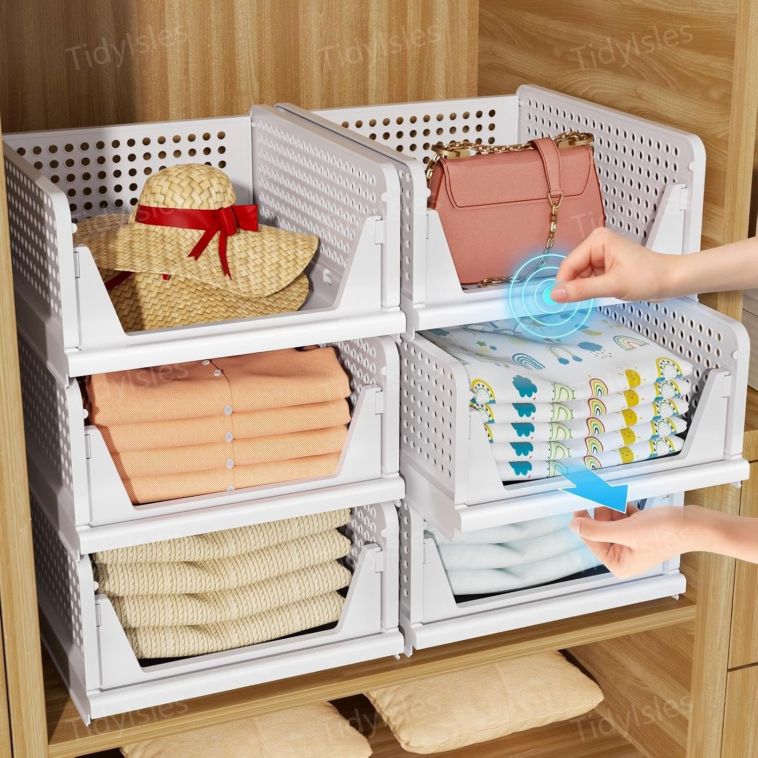 TidyIsles Wardrobe Storage Organiser, 4 Pack Folding Closet Organisers, Stackable Storage Boxes, Plastic Drawer Organiser Basket for Bedroom Kitchen Bathroom White