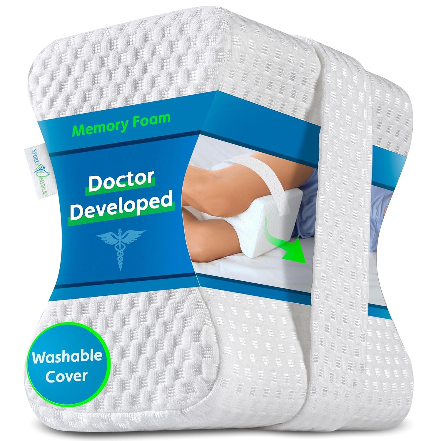 Sports Medica Knee Pillow - Washable Cover Memory Foam Leg Pillow for Sleeping on Side - Doctor Developed eHandbook - Sleeping on Back - Hip Support and Alignment, Pain Relief - Side Sleeper cushion