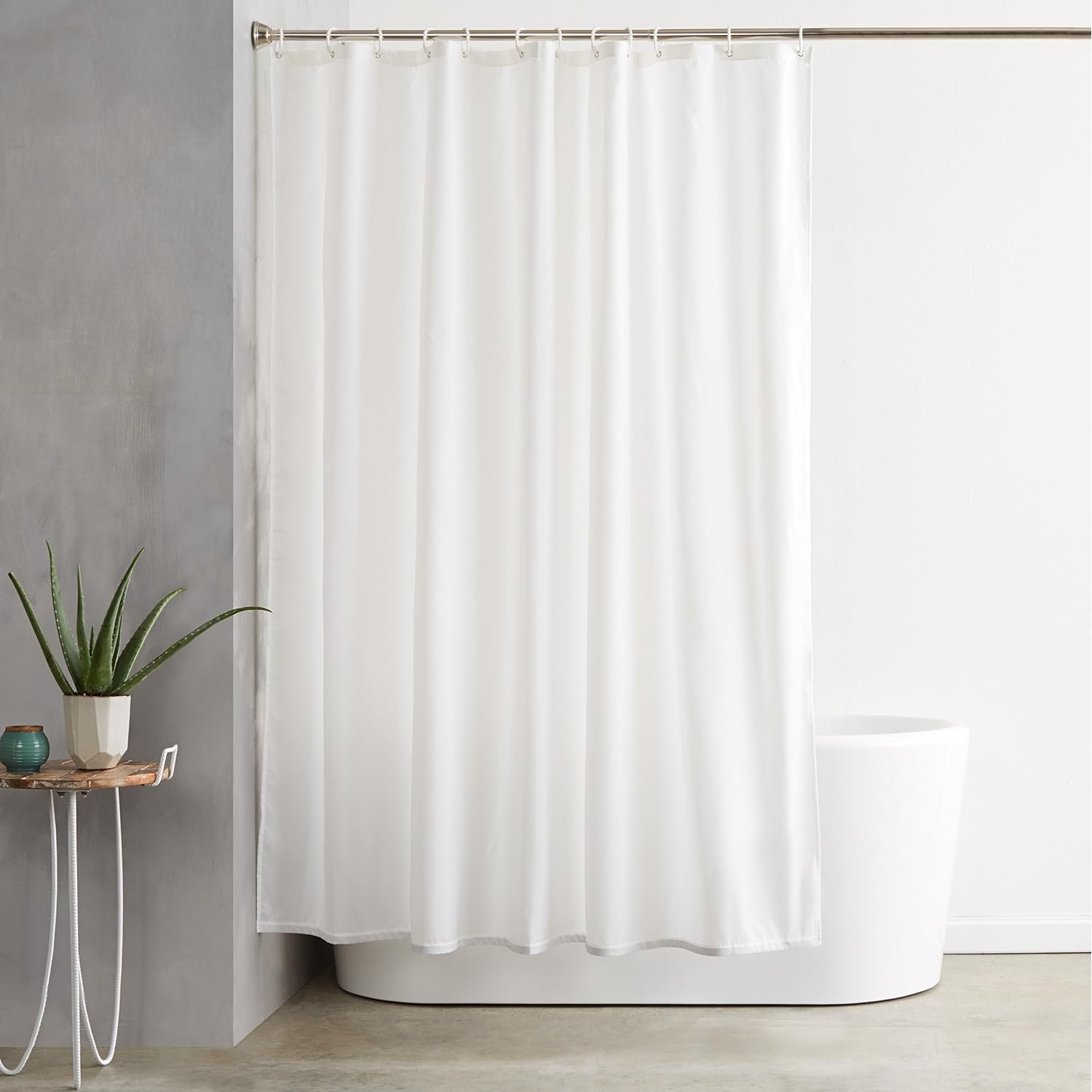 Amazon Basics Shower Curtain with Hooks, Water and Mould Resistant Fabric, Machine Washable Bathroom Curtain, 180 x 180 cm, White