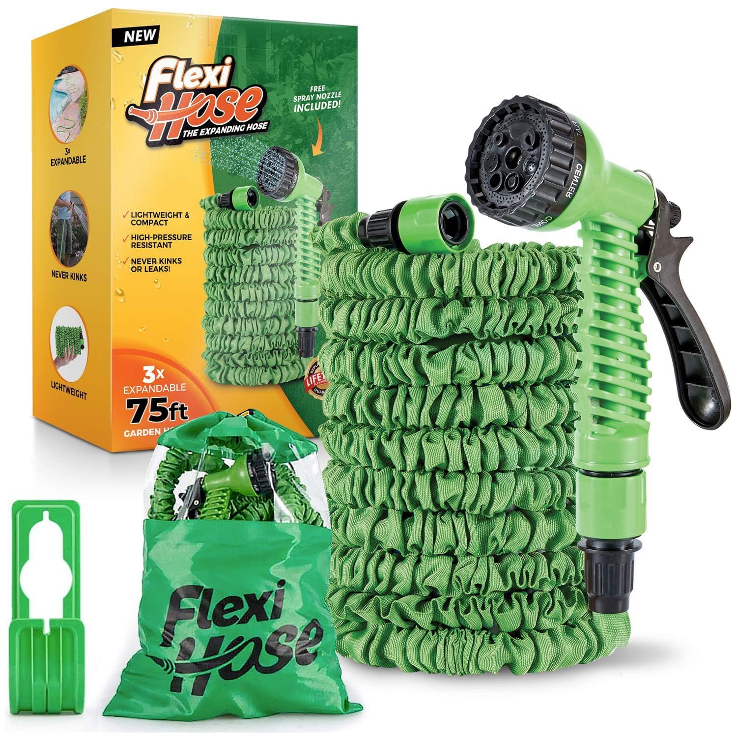 Flexi Hose Expandable Garden Hose - 50FT Heavy Duty Water Hose, Retractable Hose with 3/4-Inch - Expandable Design & Spray Nozzle Included - Green, 15 Metres