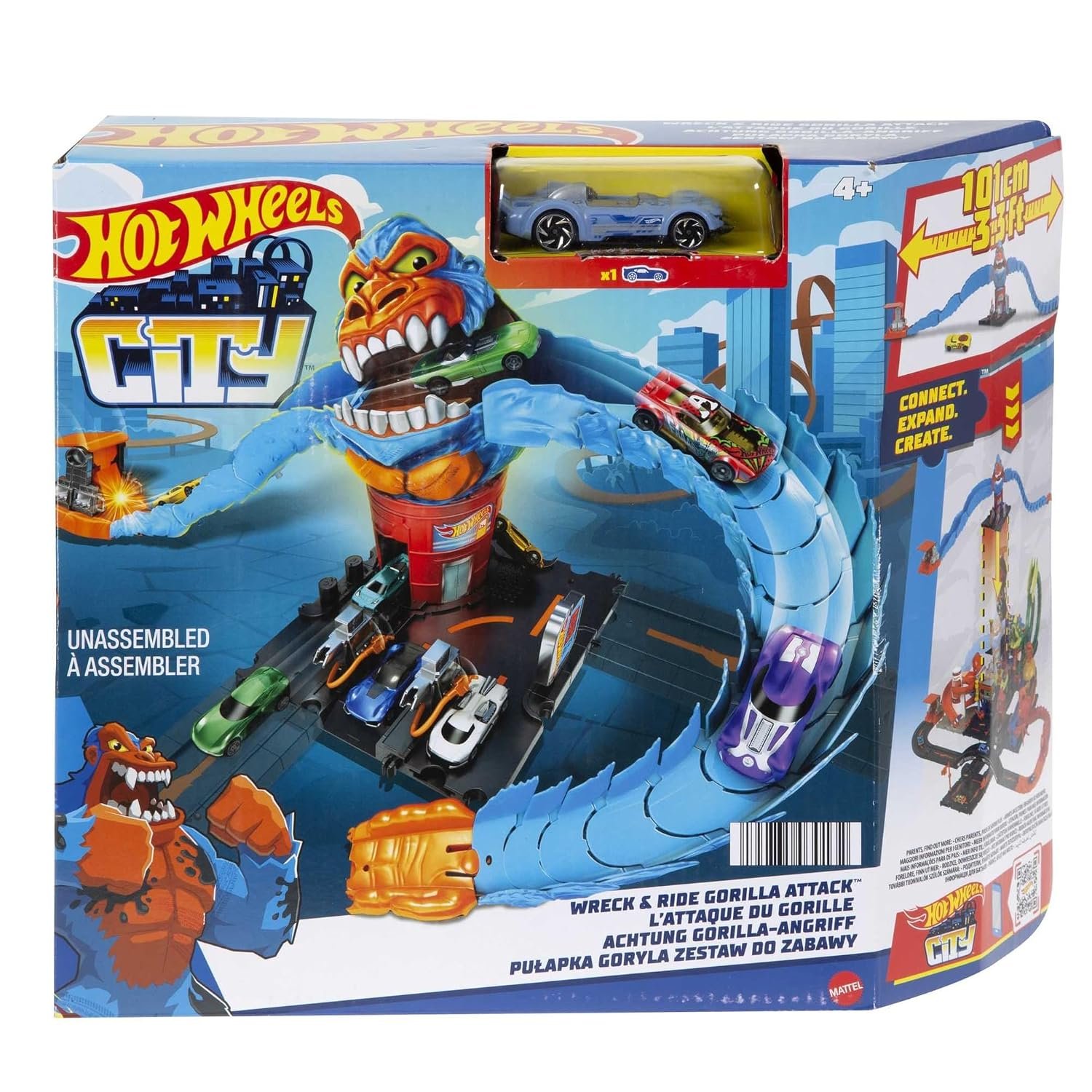 Hot Wheels City Wreck & Ride Gorilla Attack with 1 Hot Wheels Car, Connects to Other Sets, Gas Station-Themed Set, Gift for Kids 4 to 8 Years Old, HDR30