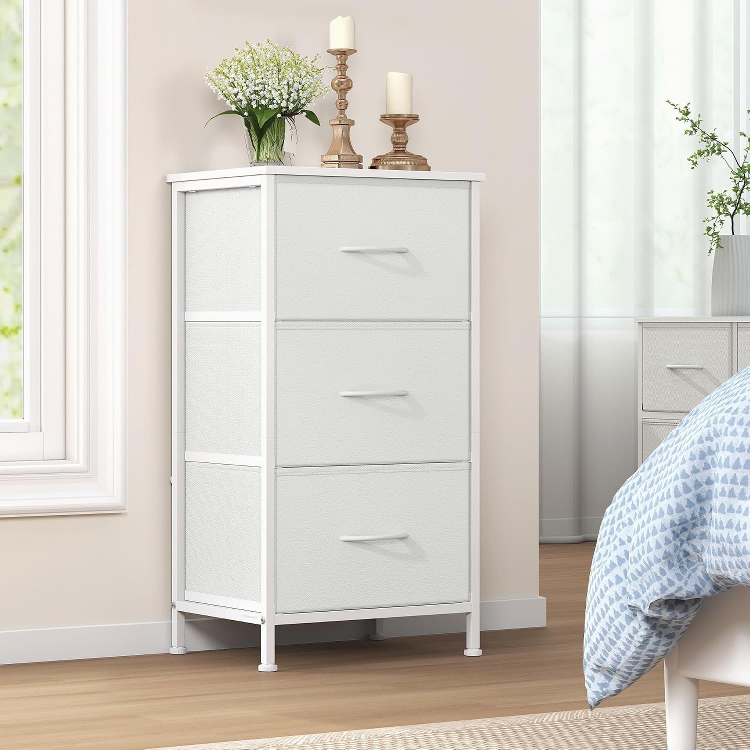 SONGMICS Chest of Drawers, 3 Fabric Drawers Storage Unit, Steel, MDF, Non-Woven Fabric, for Bedroom, Closet, Hallway, Living Room, Cloud White and Snow White LGS313WH01